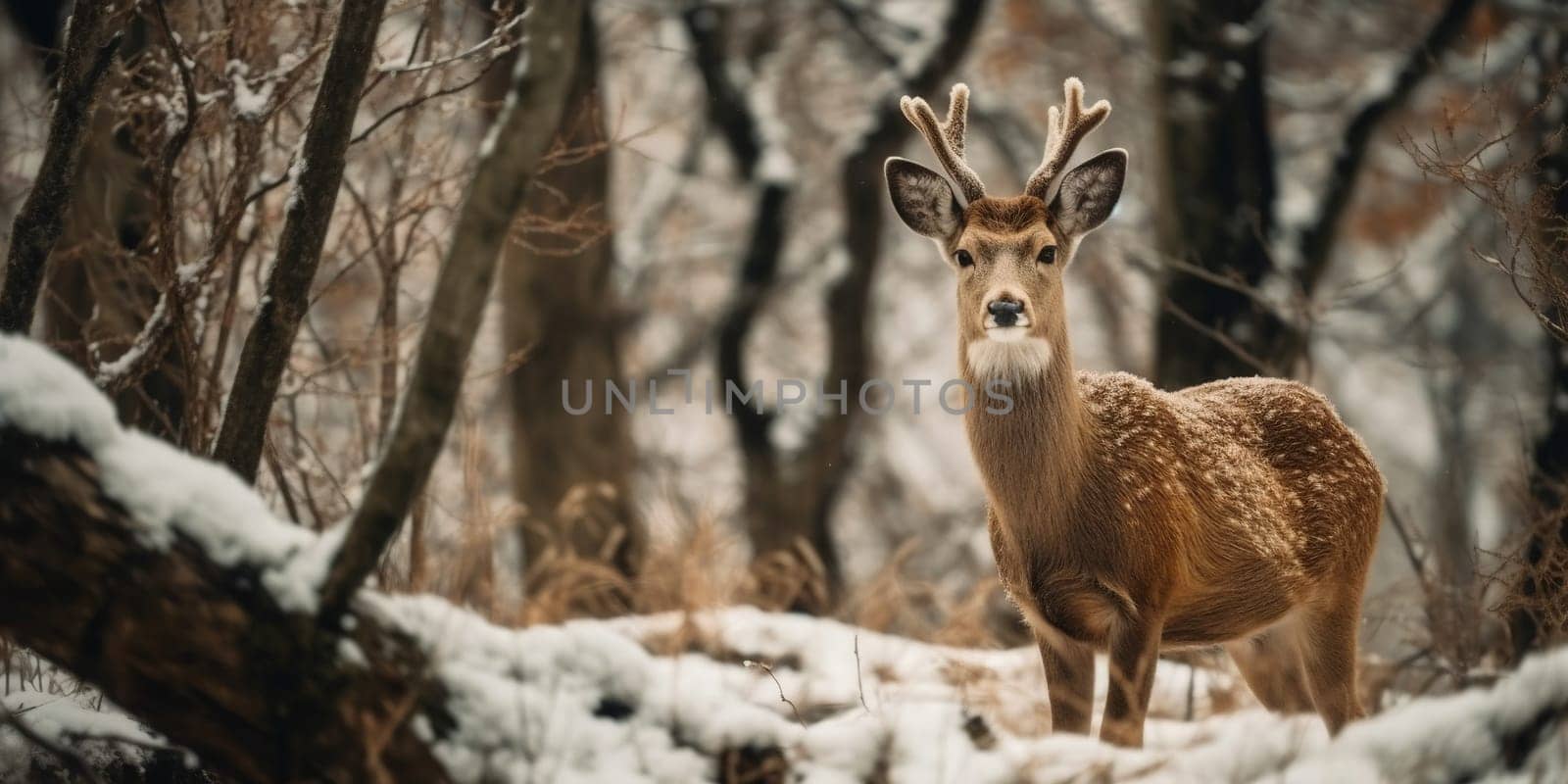 Wild Deer With Big Horns In Winter Forest, Animal In Natural Habitat
