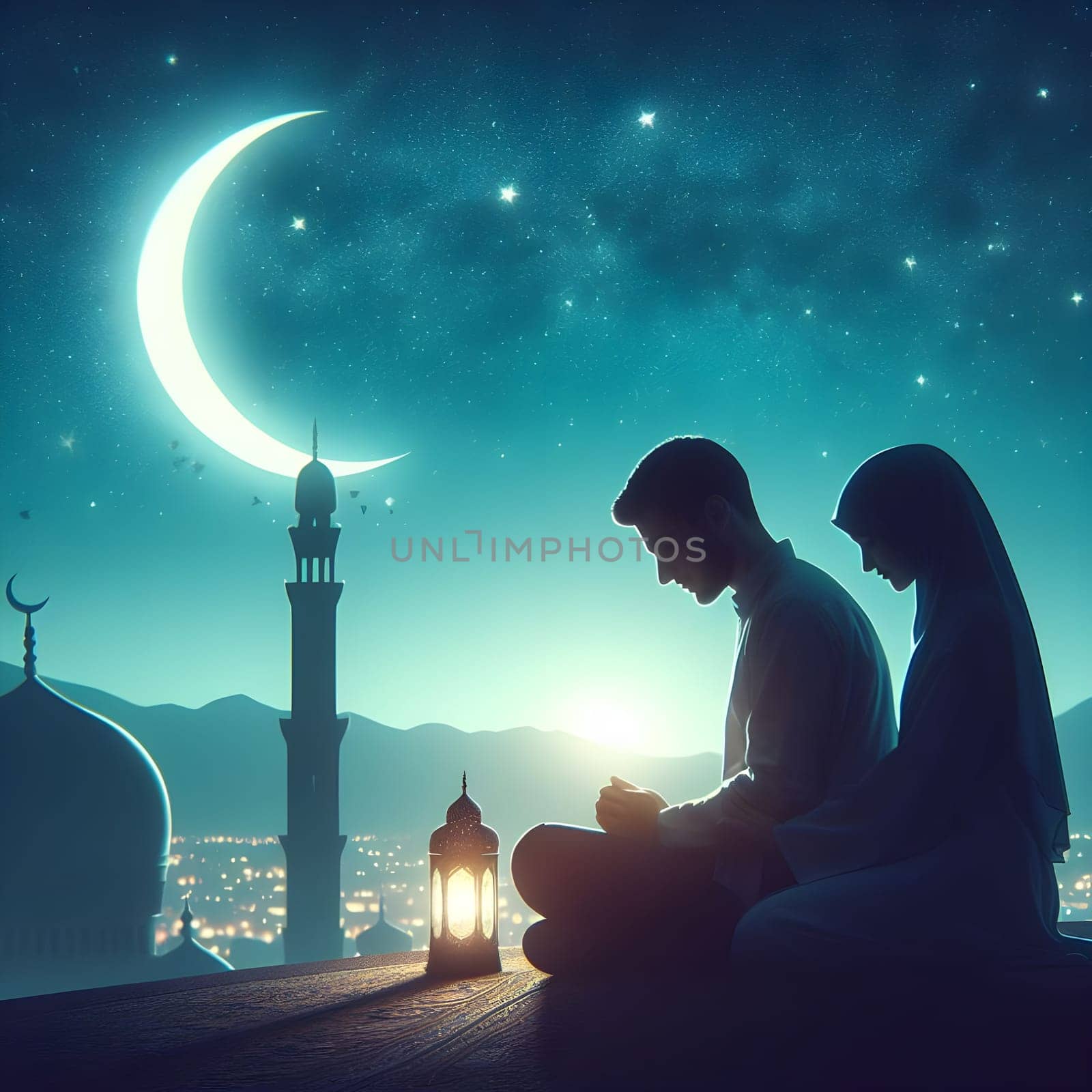 A couple silhouetted against a starry Ramadan sky, sharing a moment of reflection and gratitude under a crescent moon. Happy ramadan, ramadhan, ramazan. High quality photo
