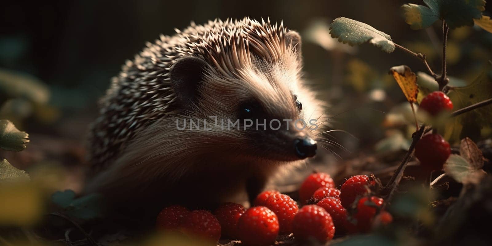 Cute Wild Hedgehog Eating Raspberry In Autumn Forest, Animal In Natural Habitat