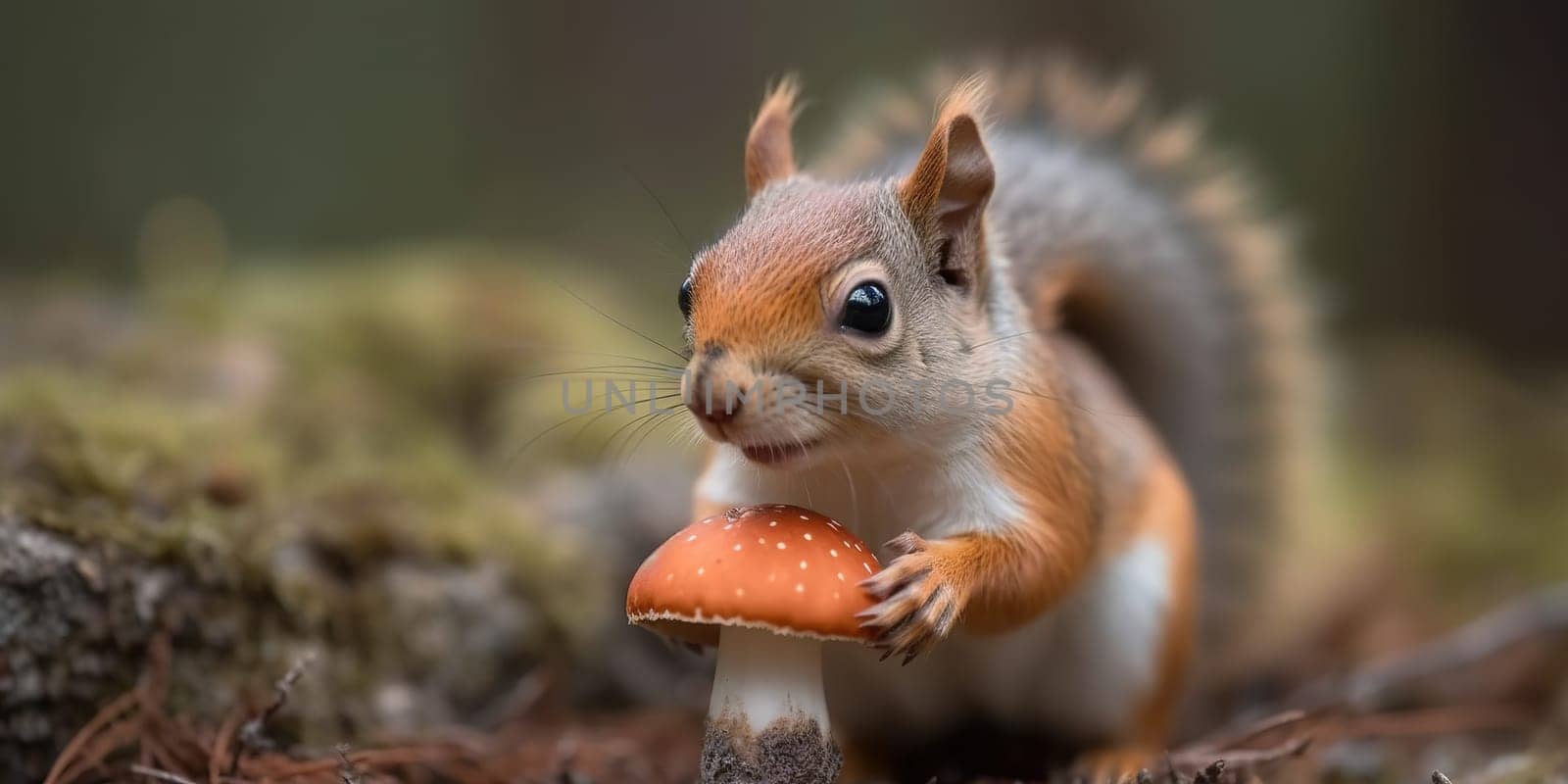 Cute Wild Squirrel With Mushroom In The Forest, Animal In Natural Habitat