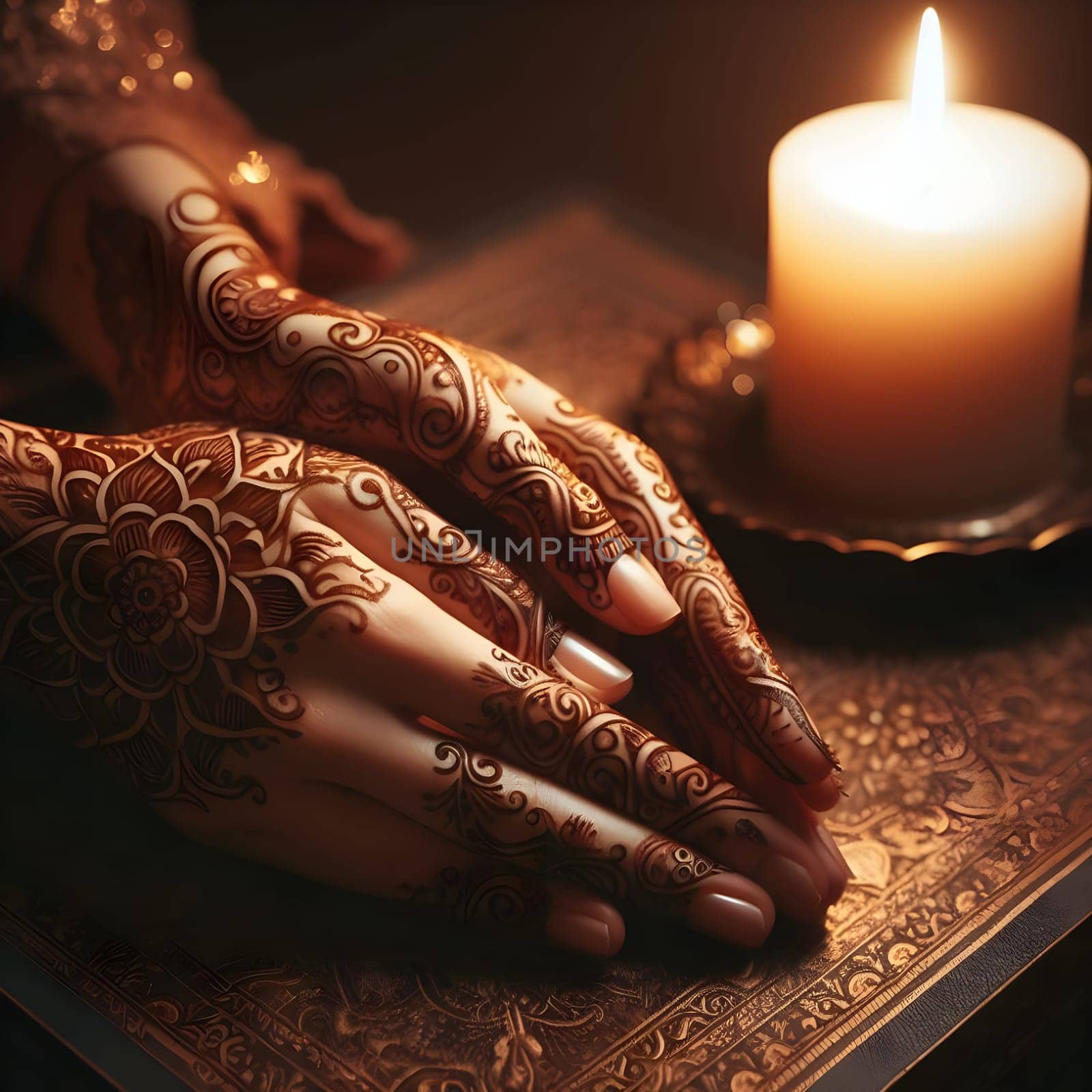 An intricate henna design on hands clasped in prayer, with soft candlelight casting a warm glow 4k, photorealistic by Designlab