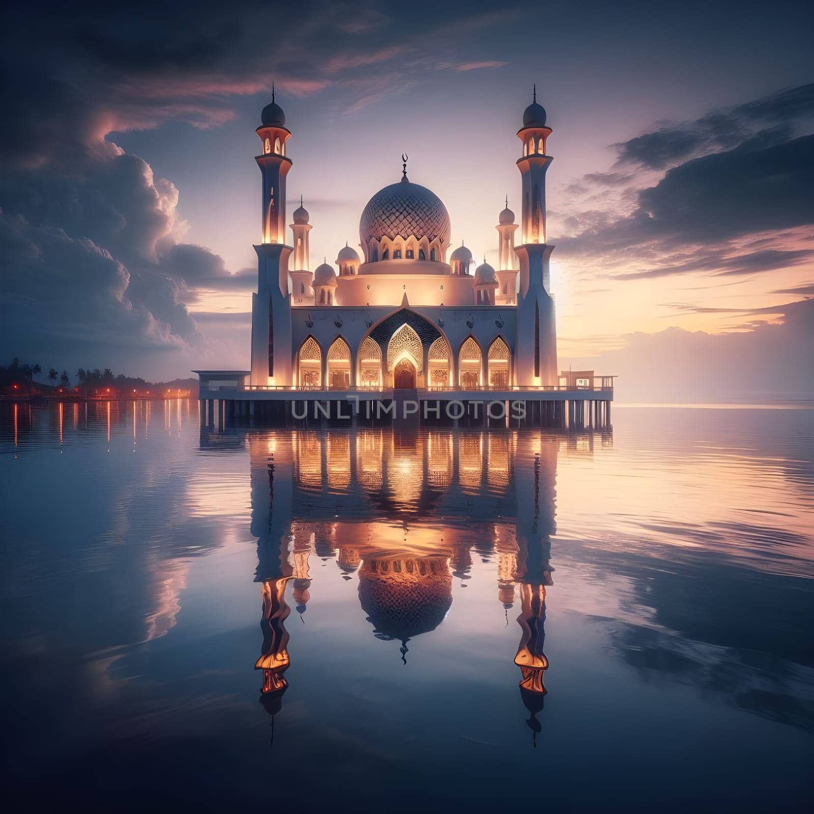 A beautiful mosque stands by the calm sea, reflecting its shimmering lights during the peaceful pre-dawn hours of Suhoor. Happy ramadan, ramadhan, ramazan by Designlab