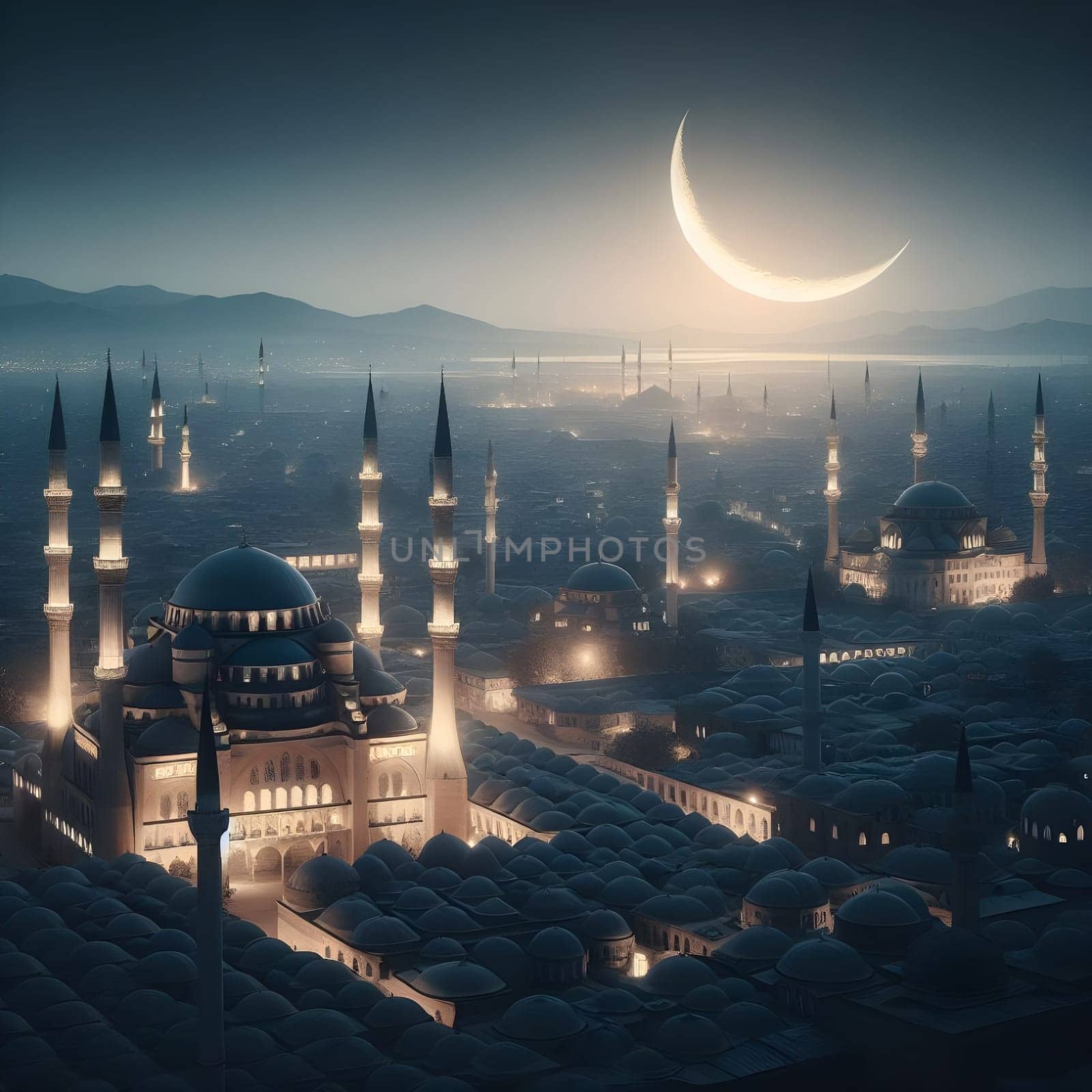 An aerial view of a city with a traditional mosque surrounded by twinkling stars, signifying the start of Ramadan by the gentle glow of only one crescent moon. Happy ramadan, ramadhan, ramazan by Designlab