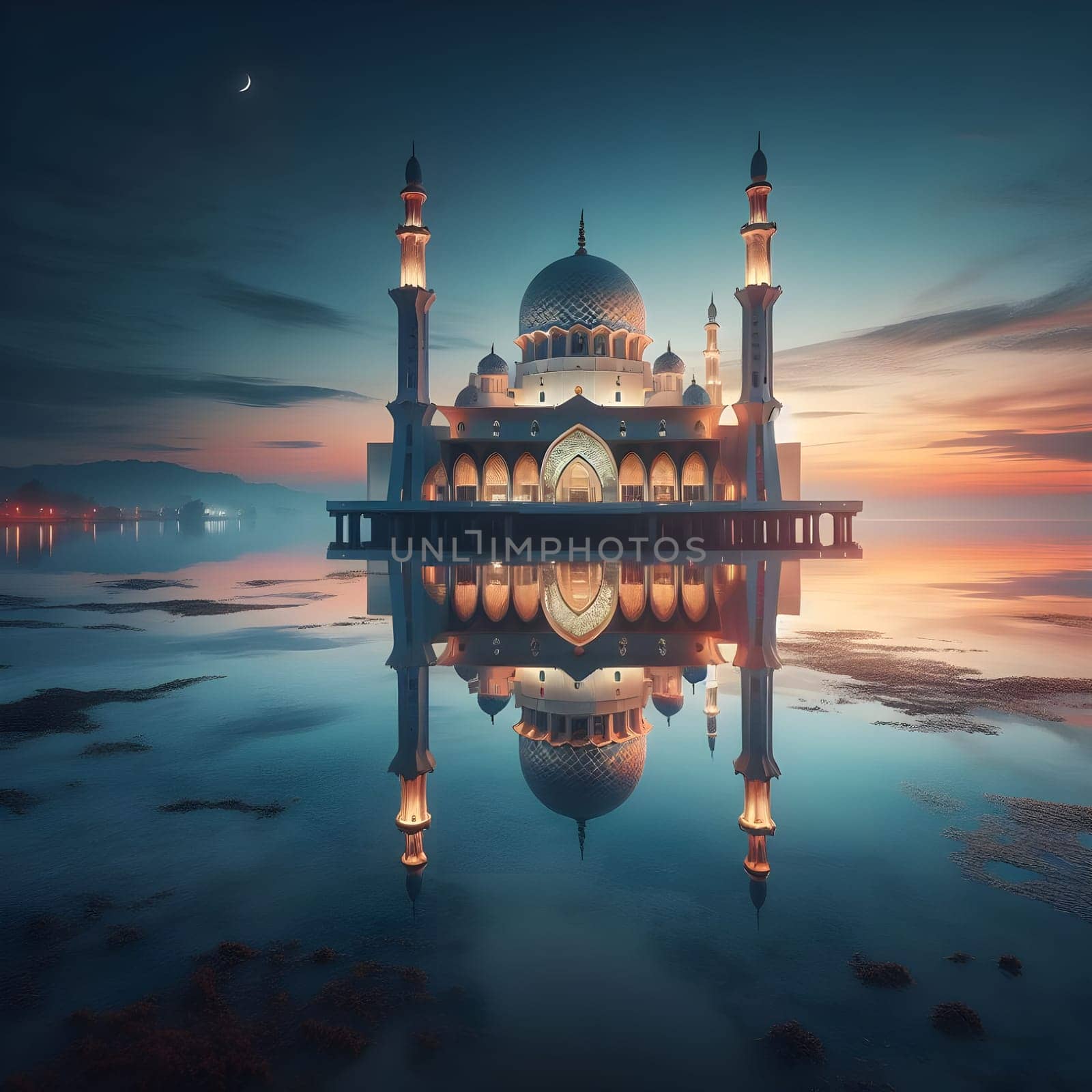 A beautiful mosque stands by the calm sea, reflecting its shimmering lights during the peaceful pre-dawn hours of Suhoor. Happy ramadan, ramadhan, ramazan. High quality photo