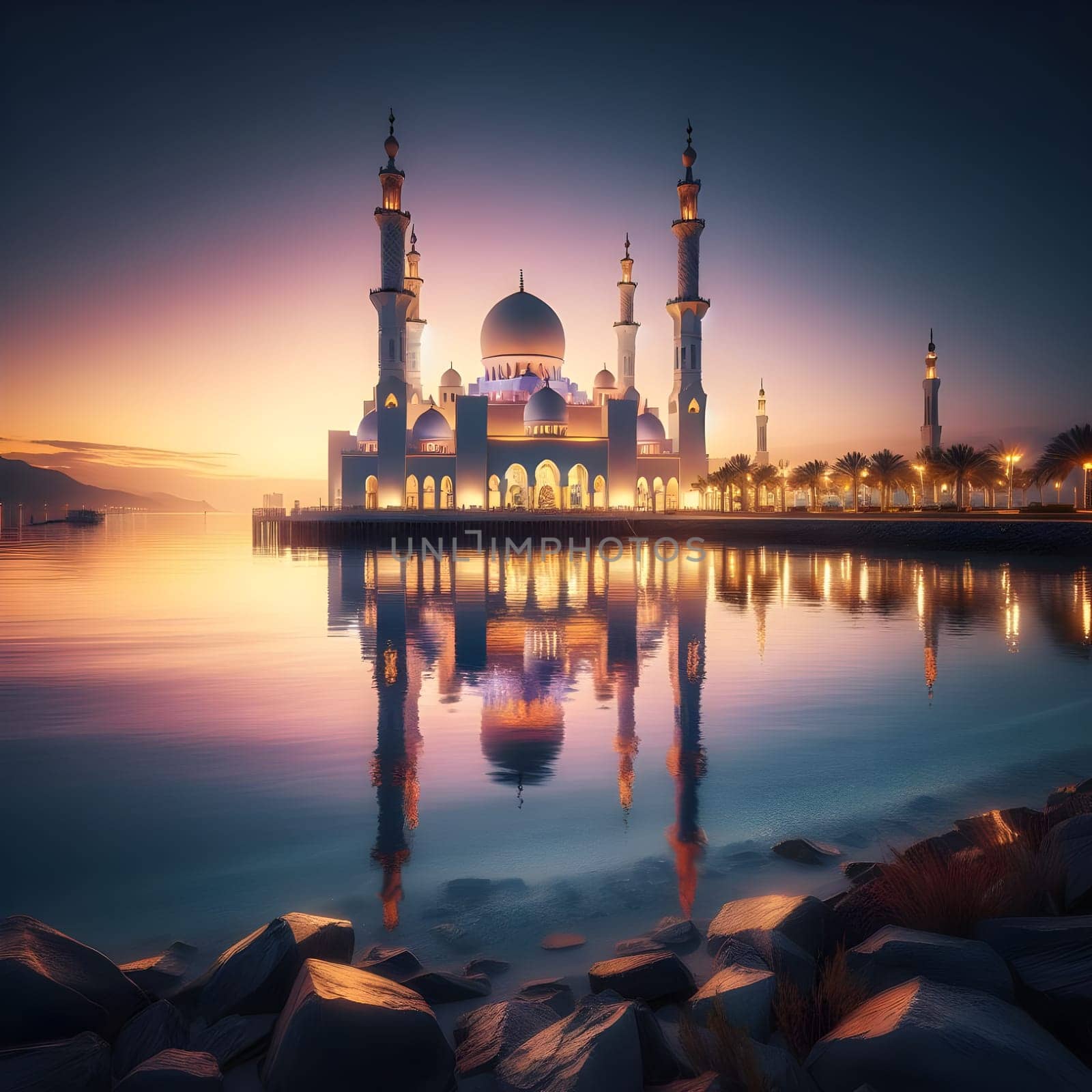 A beautiful mosque stands by the calm sea, reflecting its shimmering lights during the peaceful pre-dawn hours of Suhoor. Happy ramadan, ramadhan, ramazan by Designlab