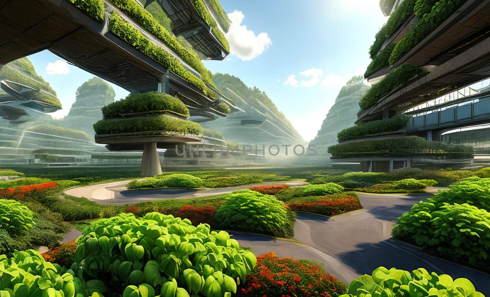 Explore a futuristic digital masterpiece envisioning a high-tech agricultural hub. See automated farming machines thriving vertical gardens.