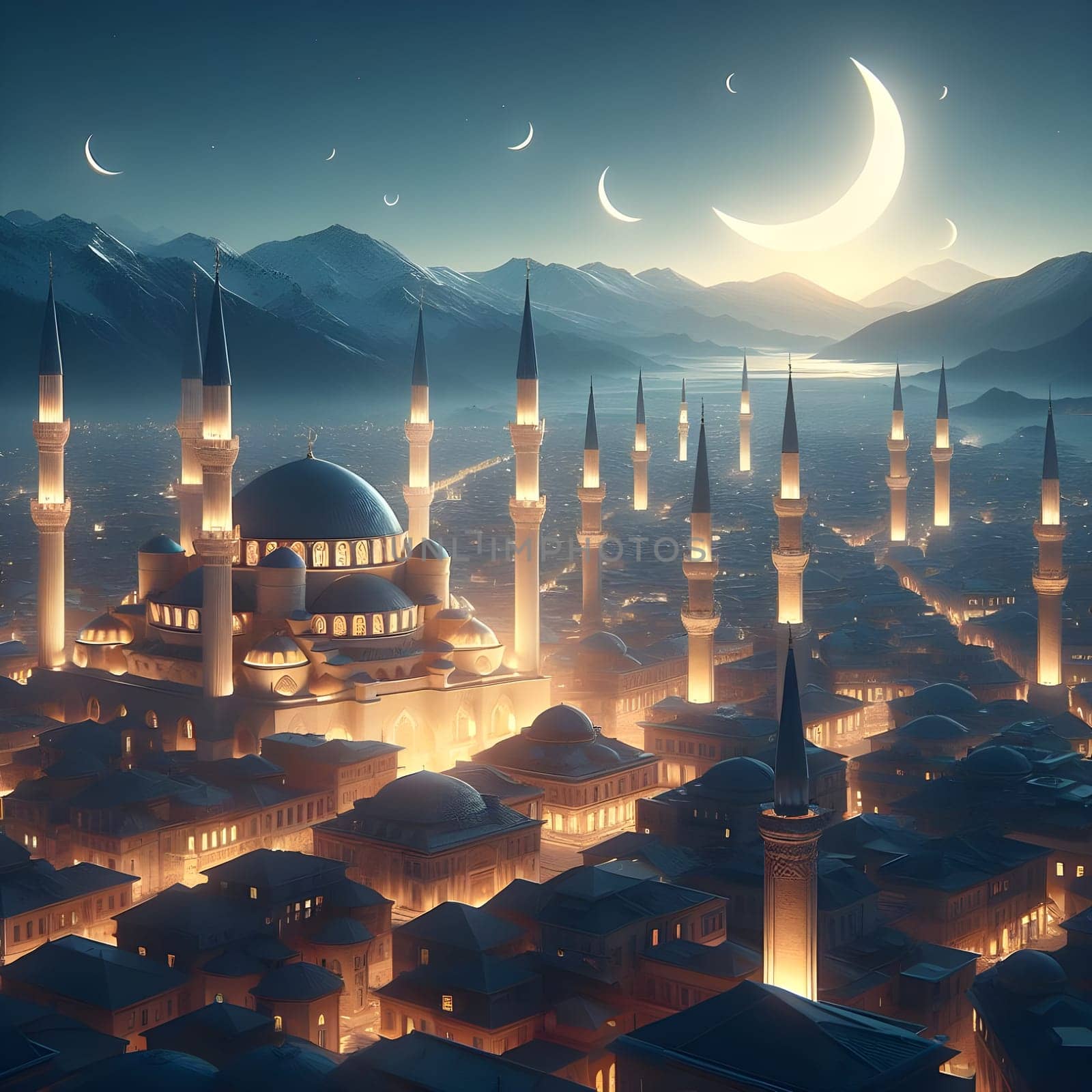 An aerial view of a city with a traditional mosque surrounded by twinkling stars, signifying the start of Ramadan by the gentle glow of only one crescent moon. Happy ramadan, ramadhan, ramazan by Designlab