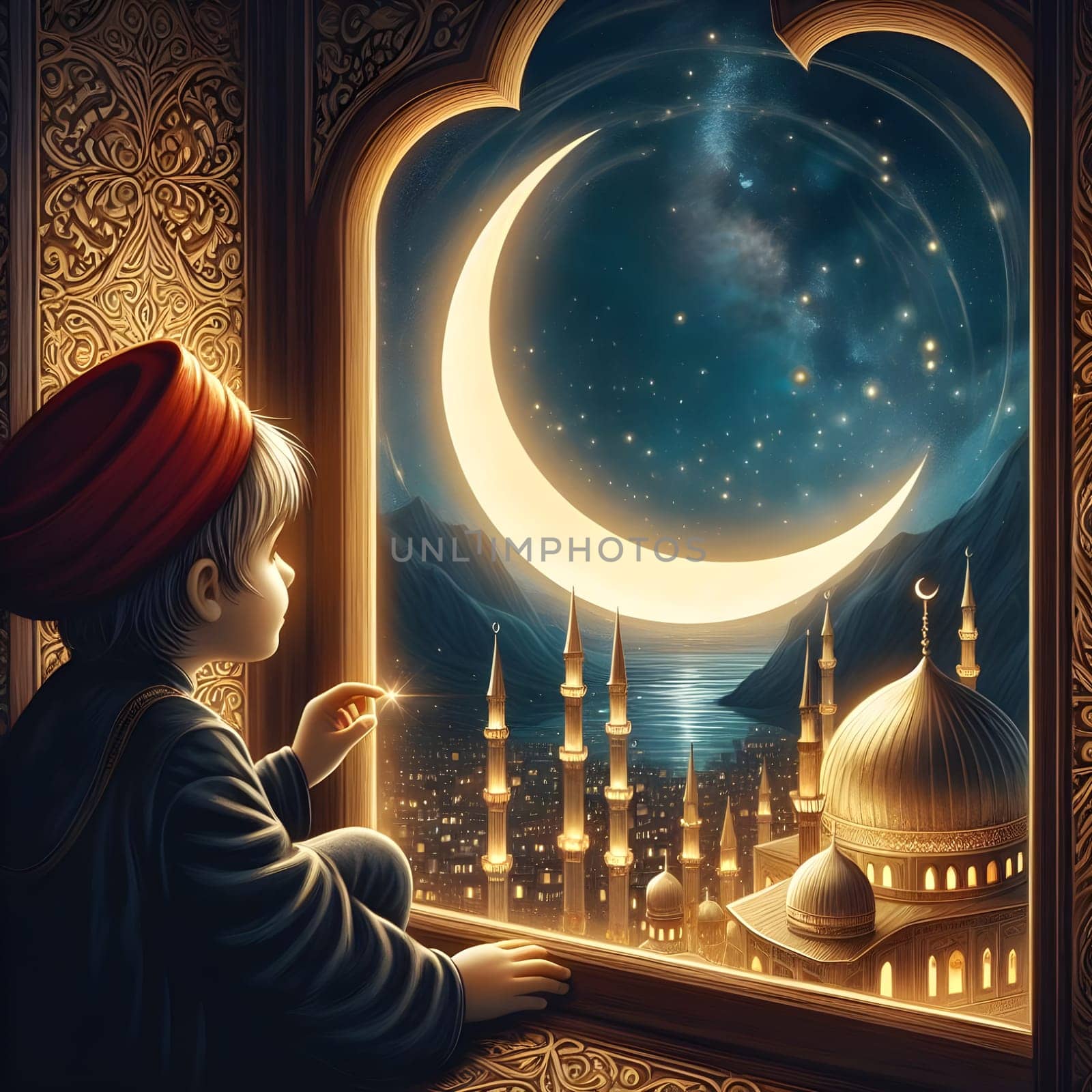 A cute child observing the crescent moon through an ornate window, with reflections of the night sky in his eyes. Last of Happy ramadan, ramadhan, ramazan. High quality photo