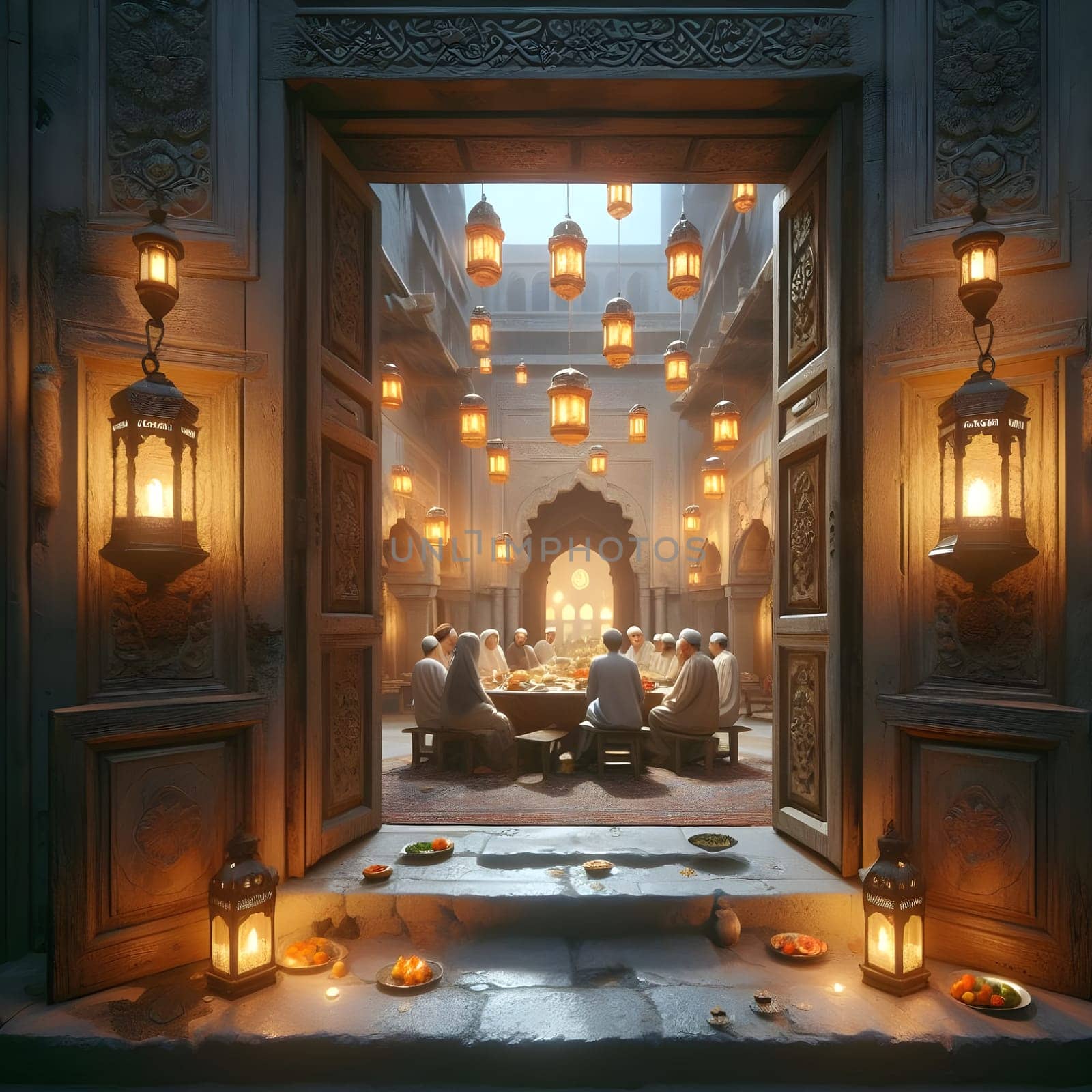An old, weathered door opens to a courtyard adorned with Ramadan lanterns, as a family welcomes guests for Iftar 4k, photorealistic . High quality photo
