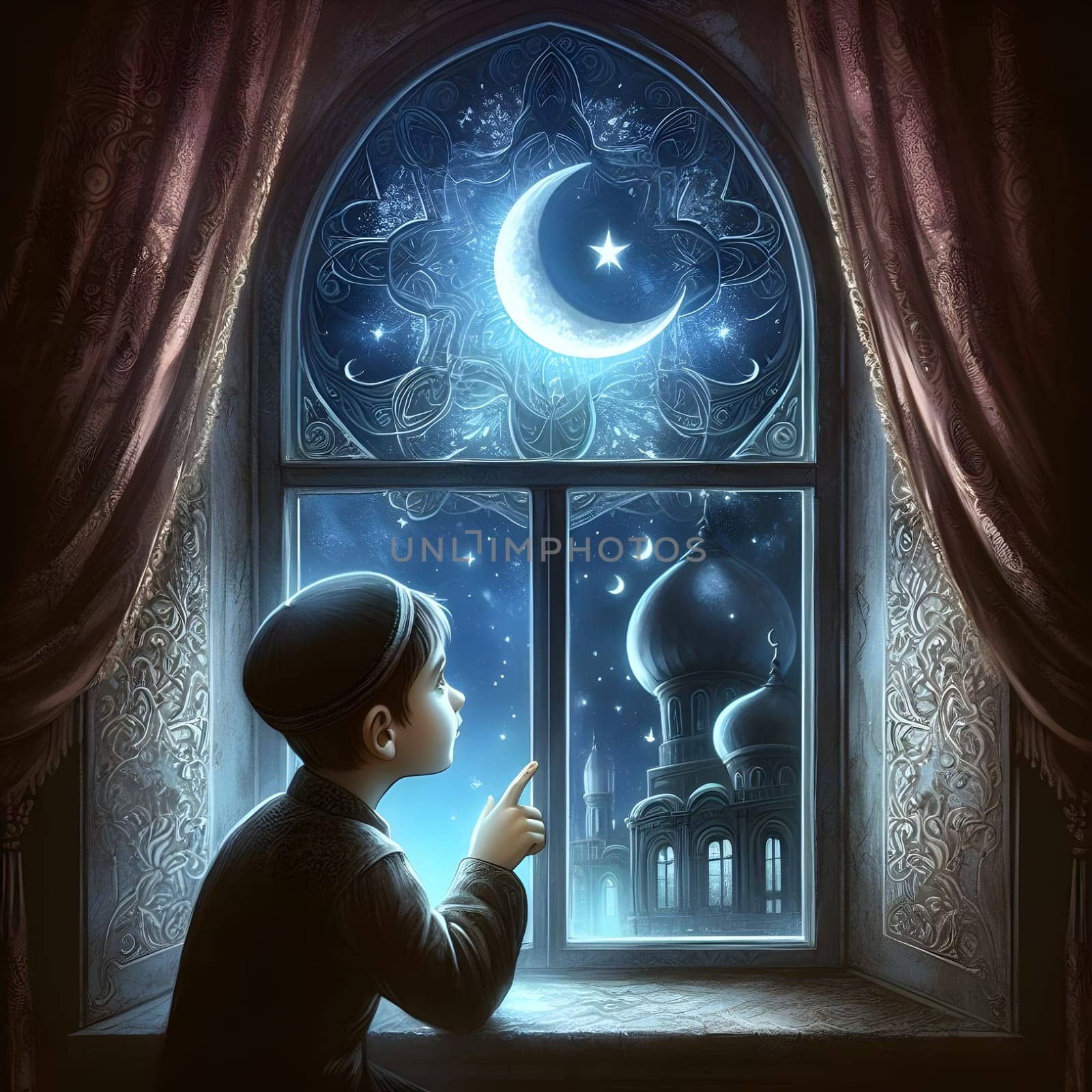 A cute child observing the crescent moon through an ornate window, with reflections of the night sky in his eyes. Last of Happy ramadan, ramadhan, ramazan by Designlab