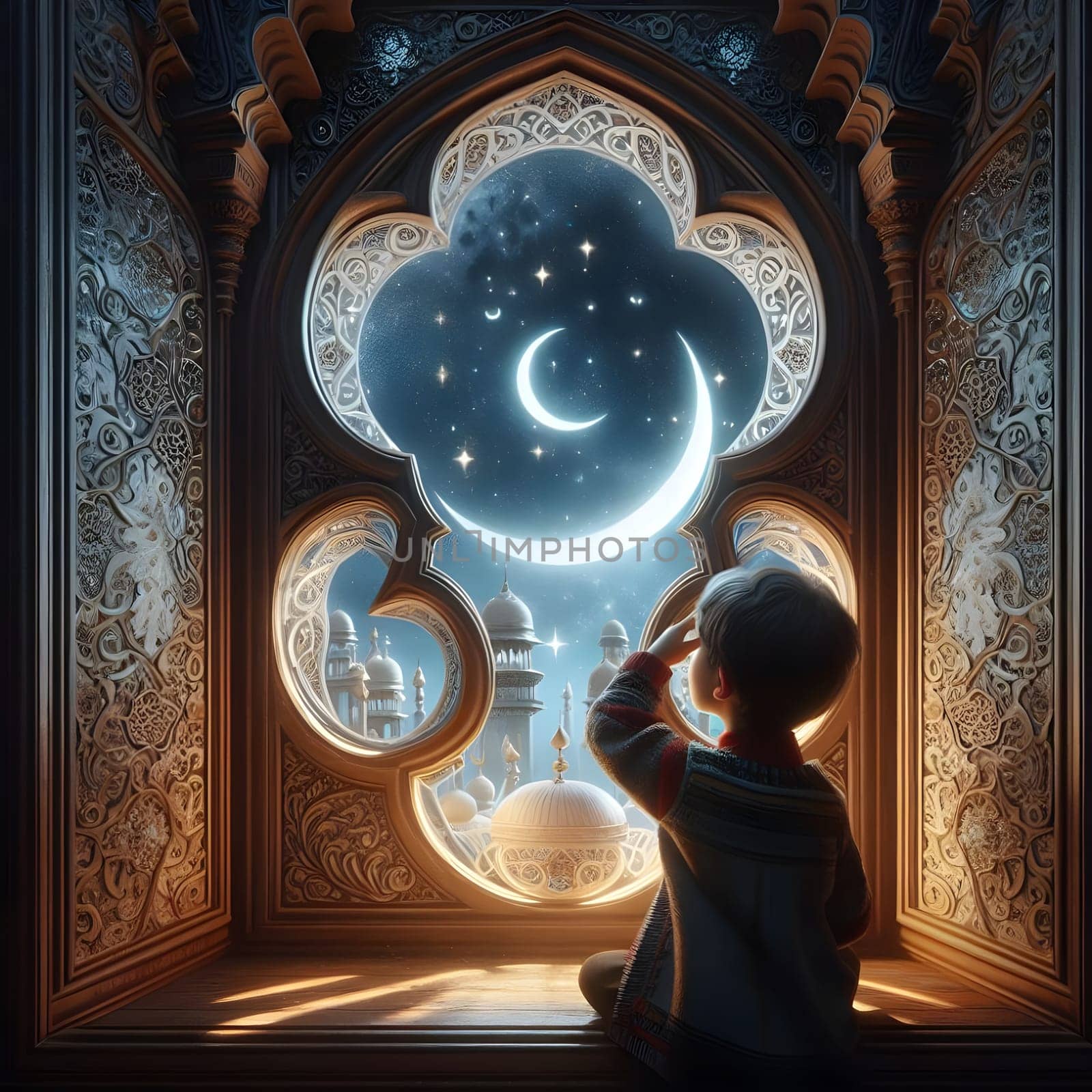 A cute child observing the crescent moon through an ornate window, with reflections of the night sky in his eyes. Last of Happy ramadan, ramadhan, ramazan. High quality photo