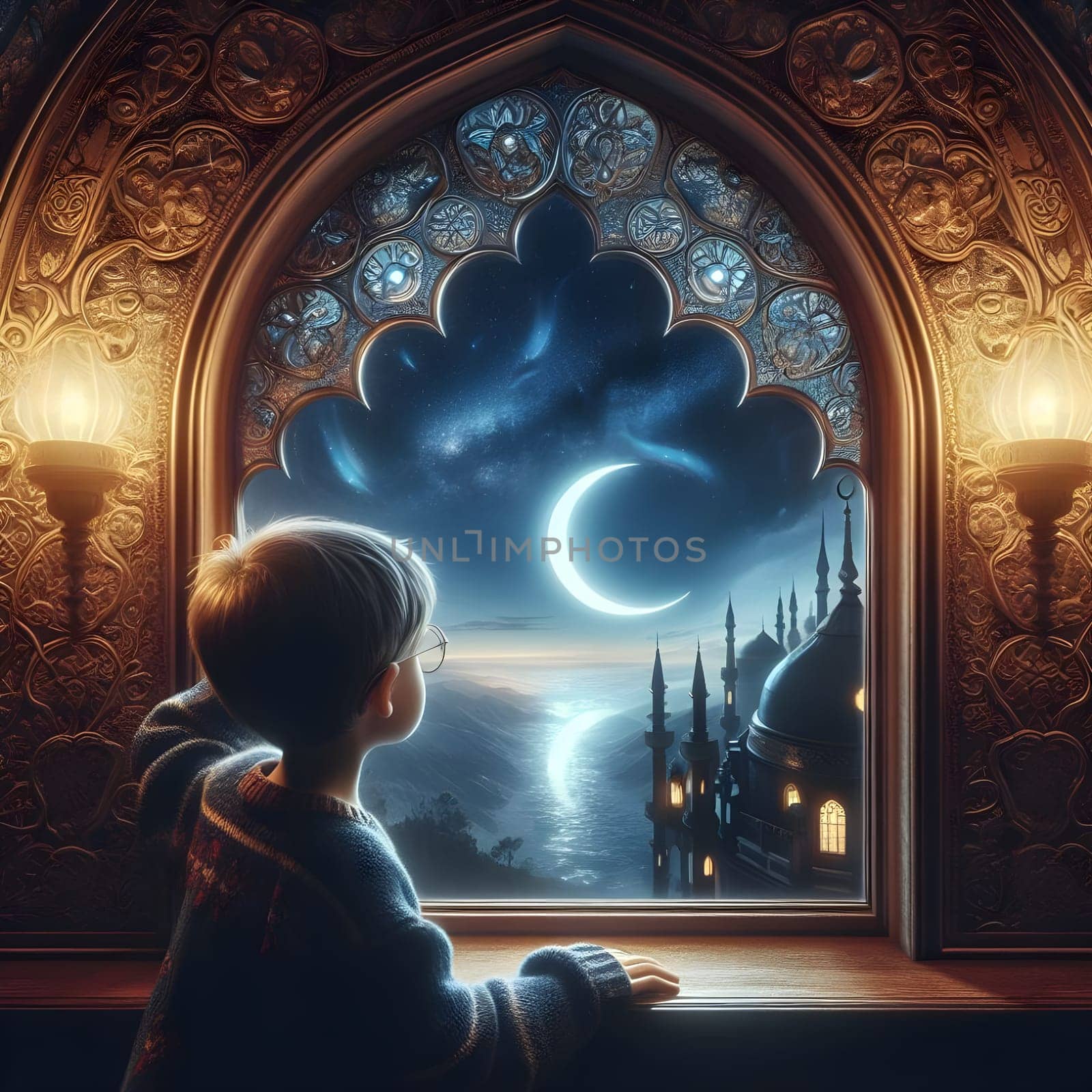 A cute child observing the crescent moon through an ornate window, with reflections of the night sky in his eyes. Last of Happy ramadan, ramadhan, ramazan by Designlab