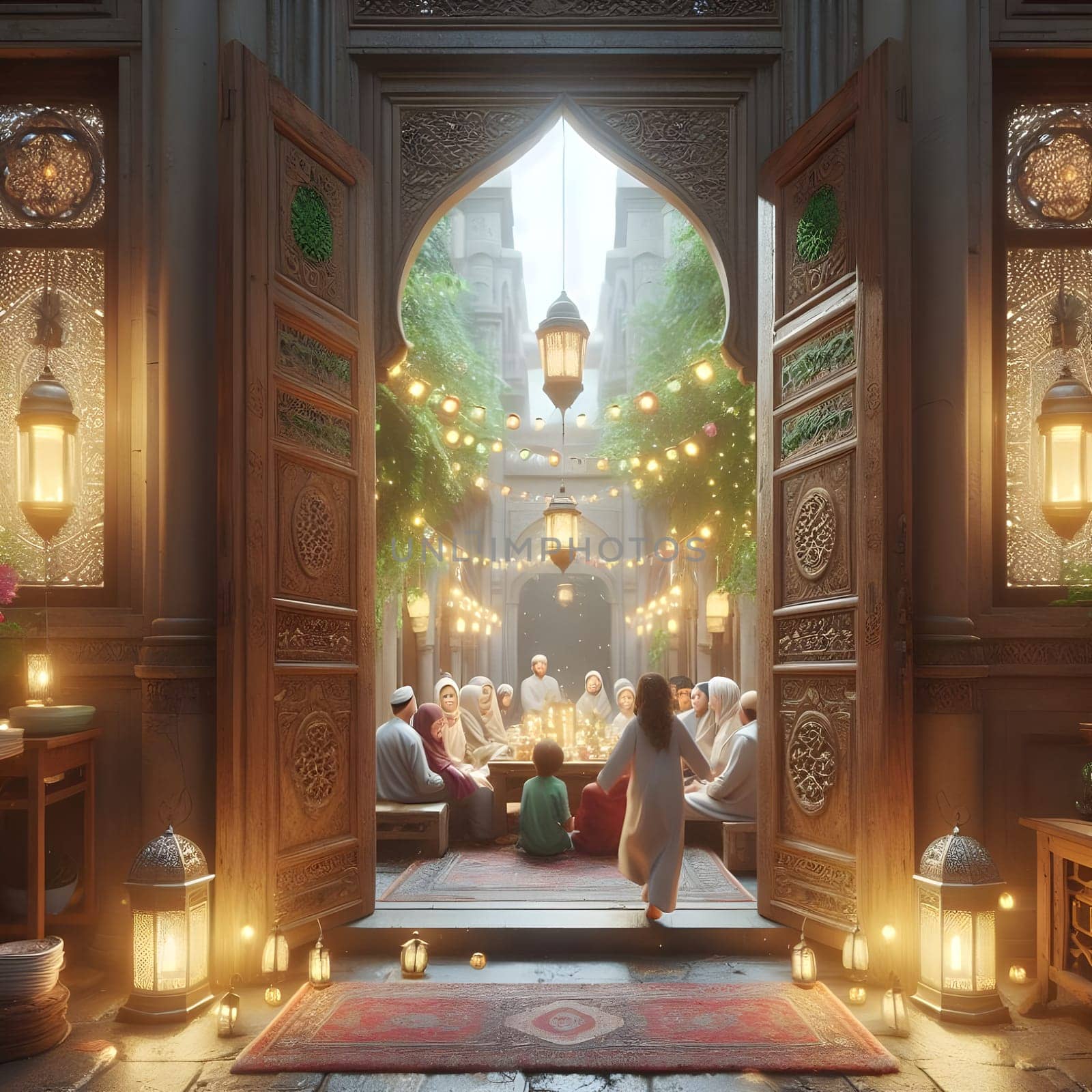 An old, weathered door opens to a courtyard adorned with Ramadan lanterns, as a family welcomes guests for Iftar 4k, photorealistic by Designlab