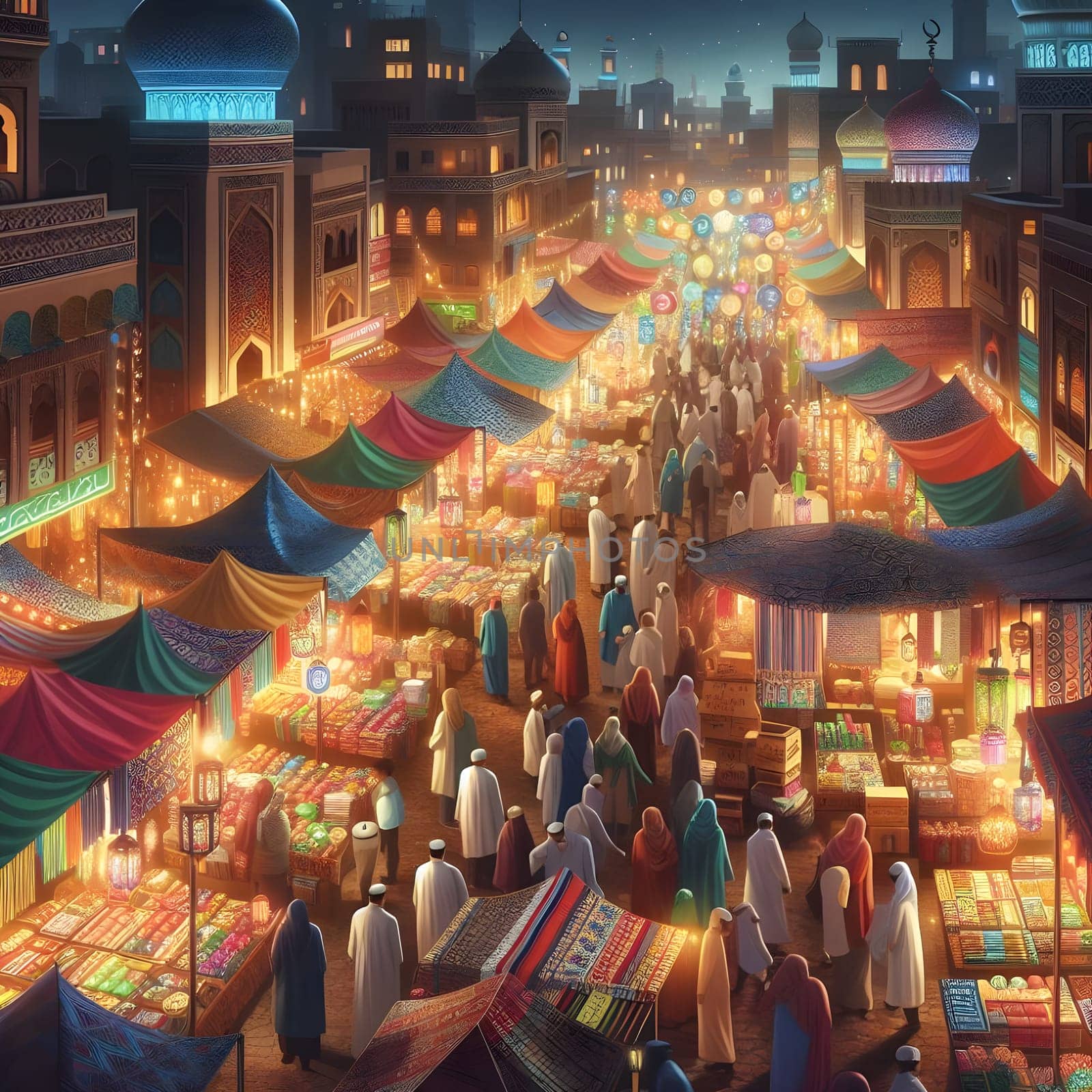 A bustling Ramadan night market scene with vibrant stalls selling colorful fabrics, sweets, and lanterns. Happy ramadan, ramadhan, ramazan by Designlab