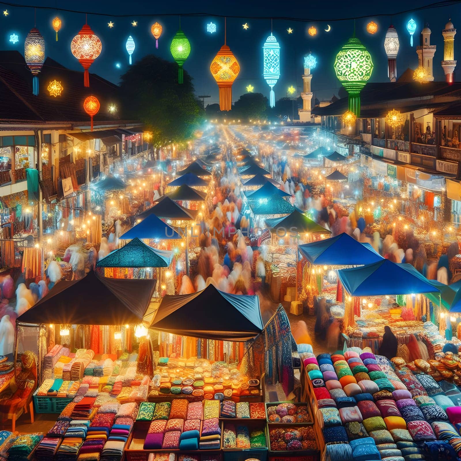 A bustling Ramadan night market scene with vibrant stalls selling colorful fabrics, sweets, and lanterns. Happy ramadan, ramadhan, ramazan by Designlab
