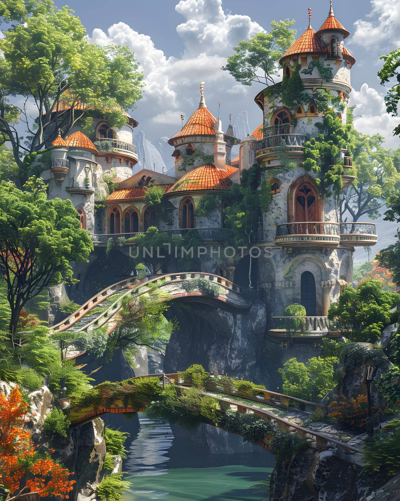 a castle surrounded by trees and a bridge over a river by Nadtochiy