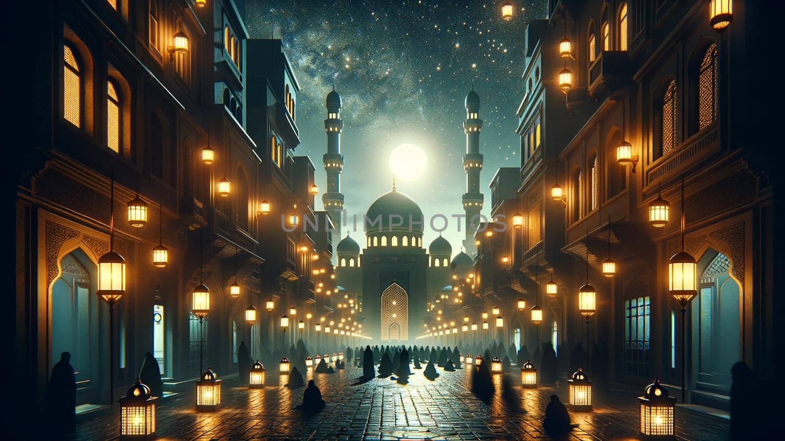 Enchanted Ramadan Nights: A Majestic Mosque under the Crescent Moon . High quality photo