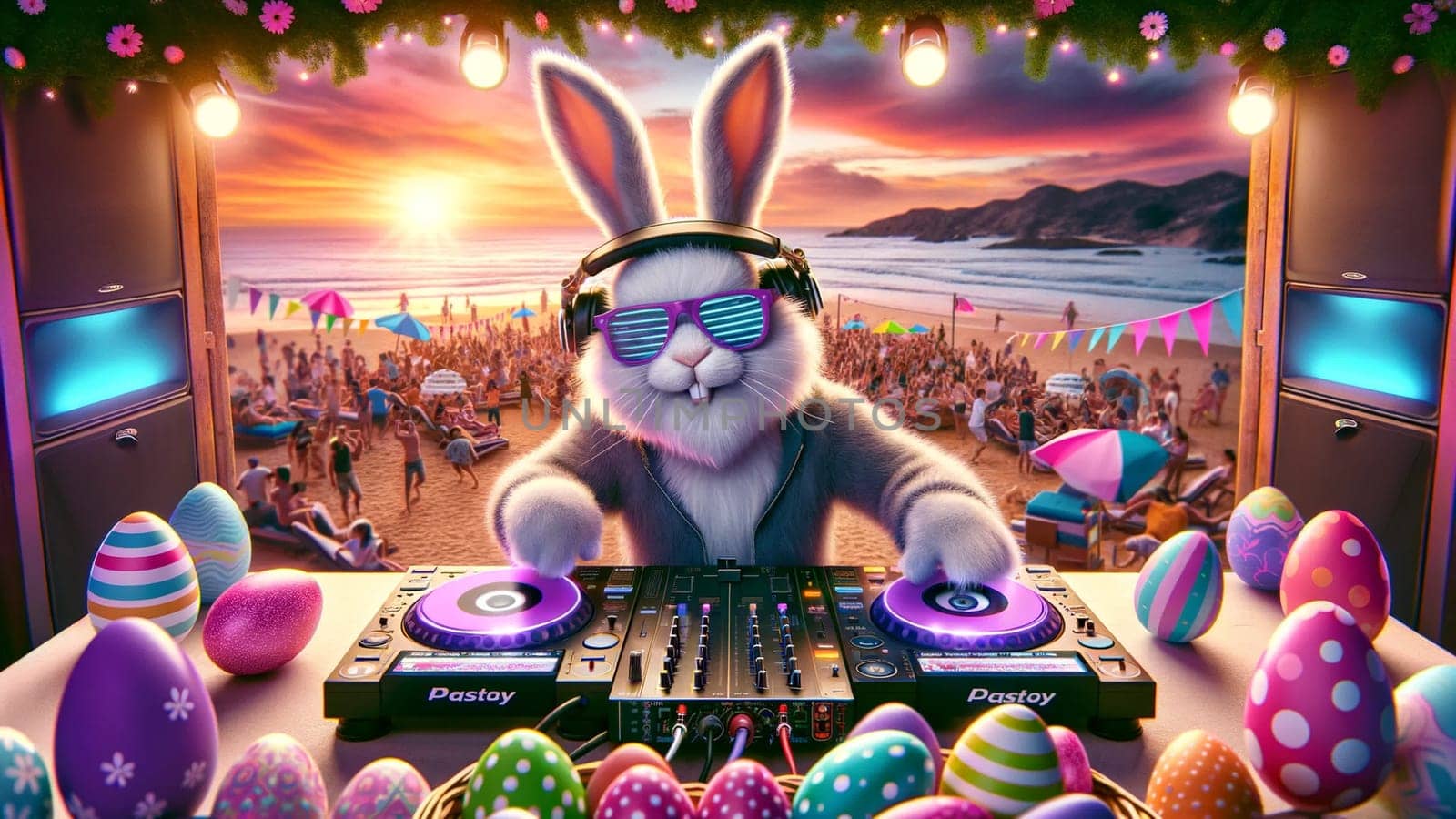 A DJ Easter Bunny with neon sunglasses spins records at a beach party with Easter eggs and decorations on the DJ booth, as the sun sets in the background. High quality photo