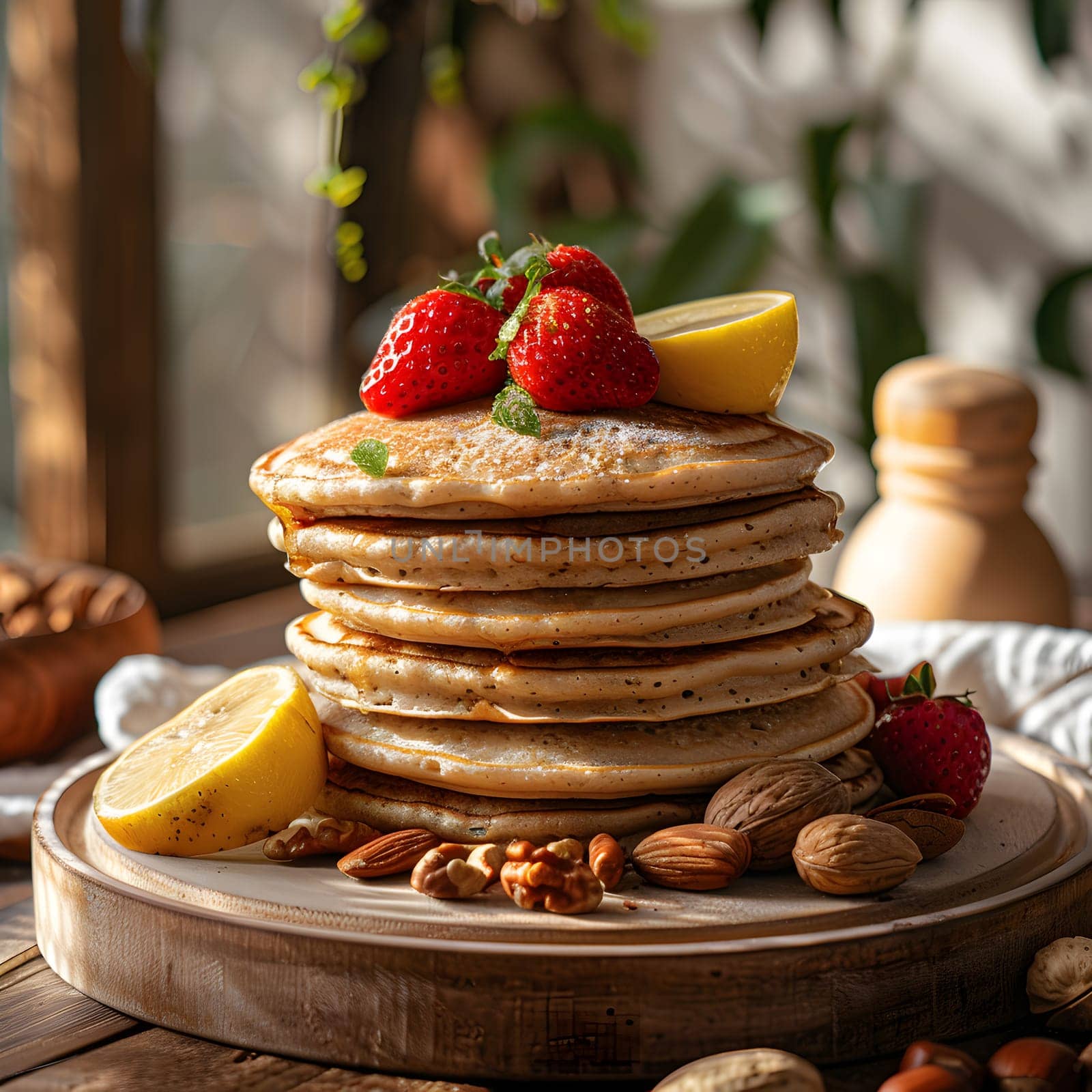 Staple food stack of pancakes topped with strawberries lemon on wooden tray by Nadtochiy