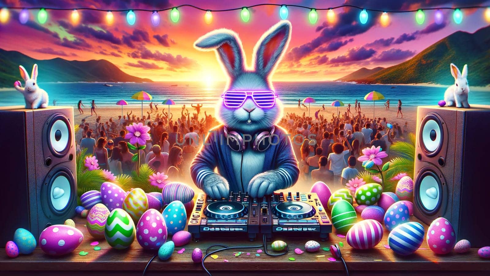A DJ Easter Bunny with neon sunglasses spins records at a beach party with Easter eggs and decorations on the DJ booth, as the sun sets in the background. by Designlab