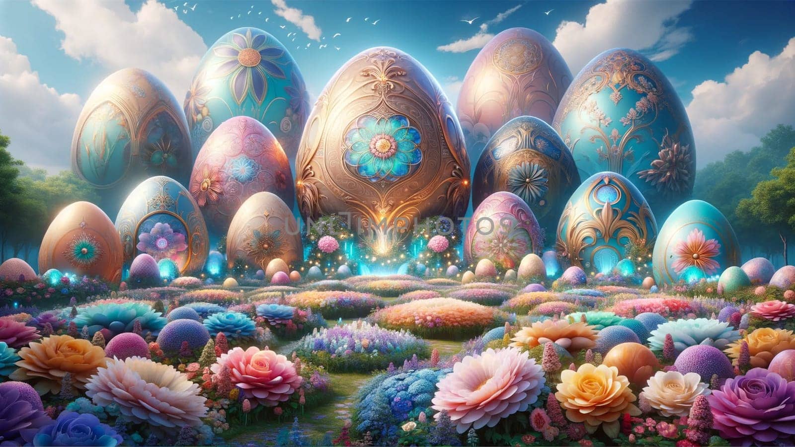 A magical landscape filled with oversized, intricately decorated pastel Easter eggs nestled among a field of vibrant spring flowers under a clear blue sky. by Designlab