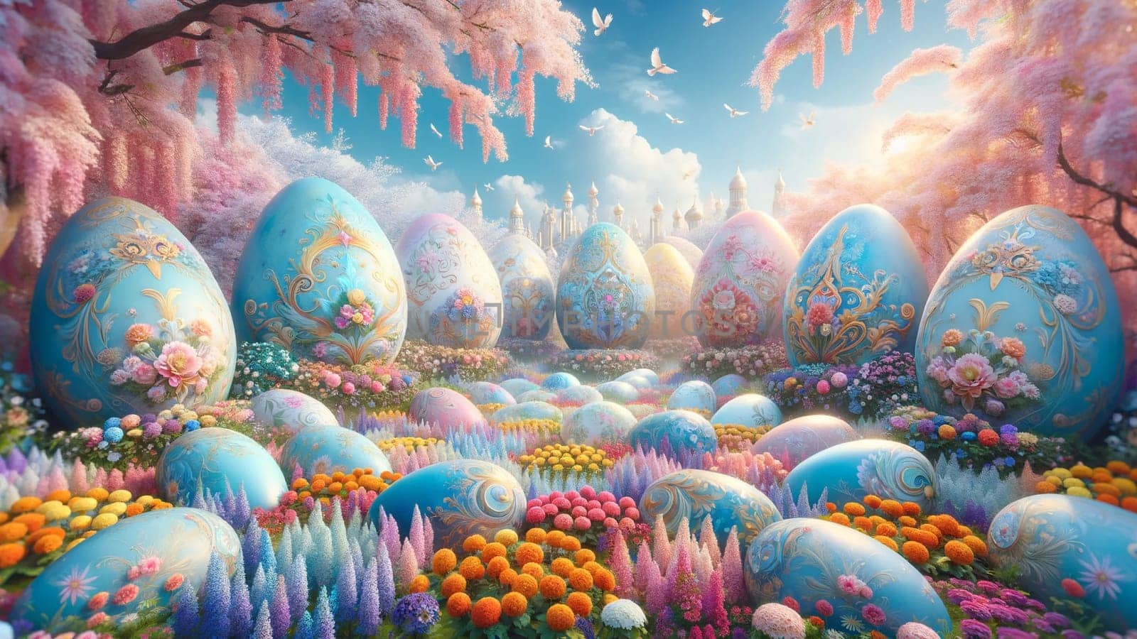 A magical landscape filled with oversized, intricately decorated pastel Easter eggs nestled among a field of vibrant spring flowers under a clear blue sky. by Designlab