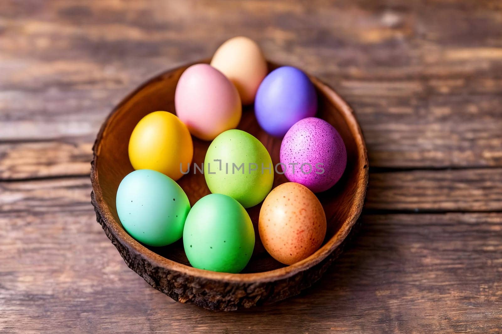 Vibrant Easter Eggs. A close-up image of colorful and intricately decorated Easter eggs arranged in a beautiful pattern on a rustic wooden background, emphasizing the unique designs and textures.