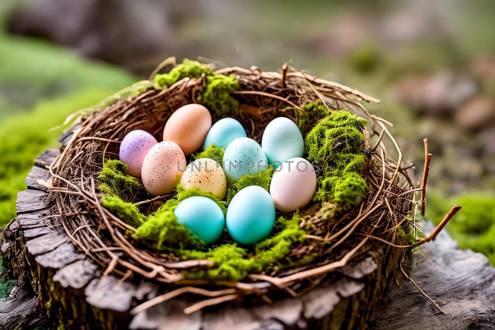 Eggcellent Easter Nest. A nest crafted from twigs, moss, and feathers, adorned with speckled eggs of different sizes and hues, set against a natural background to showcase the intricate beauty of nature's creations.