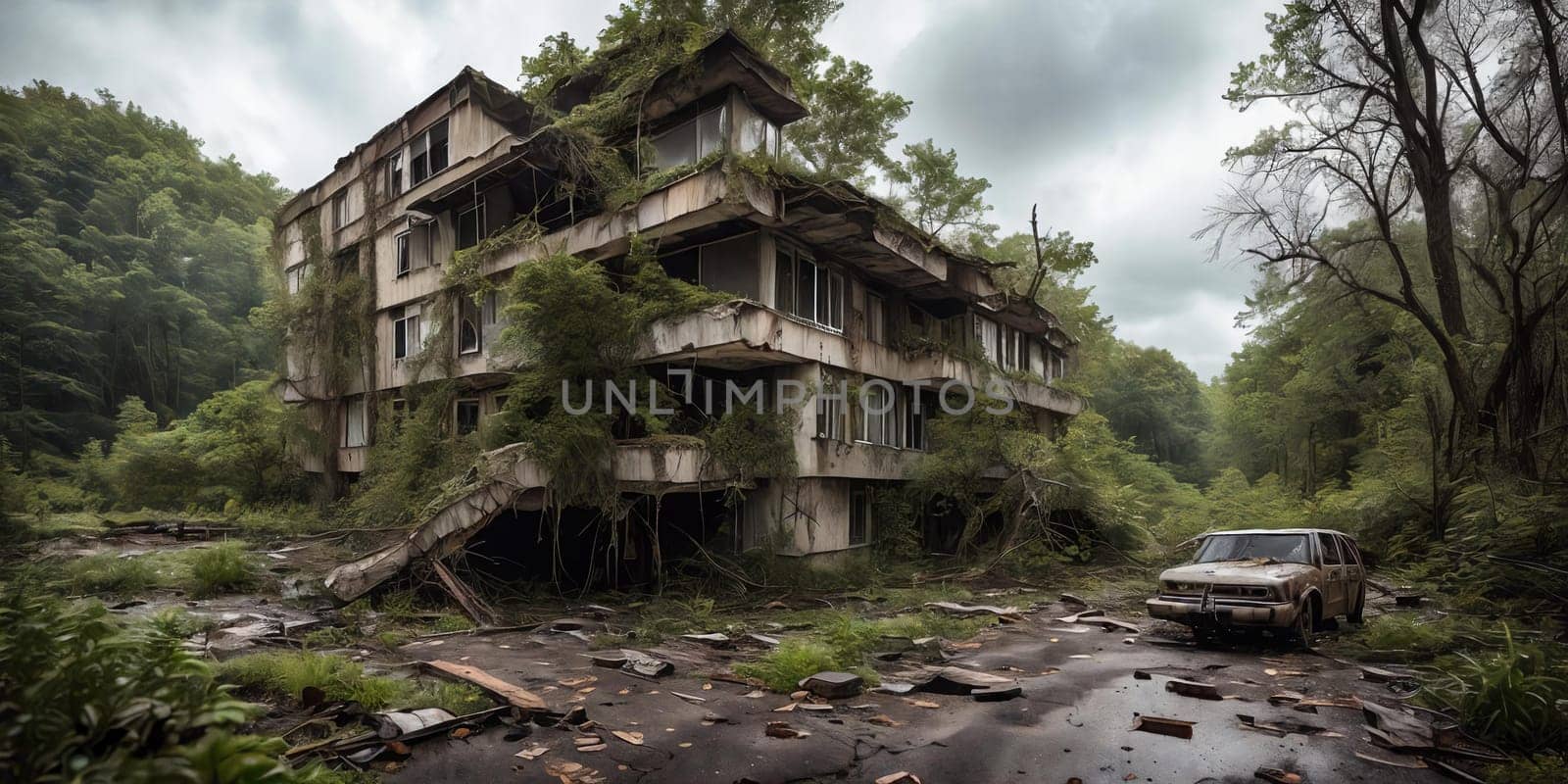 Nature's Takeover. Post-apocalyptic setting where nature prevails, with trees growing through broken concrete, wildlife thriving in abandoned structures, and a sense of harmony between man-made structures and the natural world.