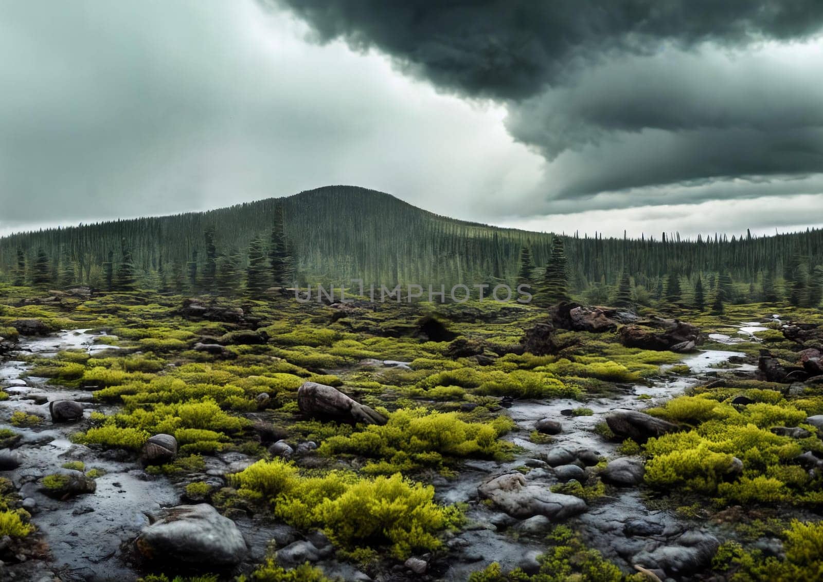 Post-nuclear Wilderness. Landscape transformed by nuclear fallout, featuring mutated flora, eerie rock formations, and a toxic sky tinged with ominous hues.