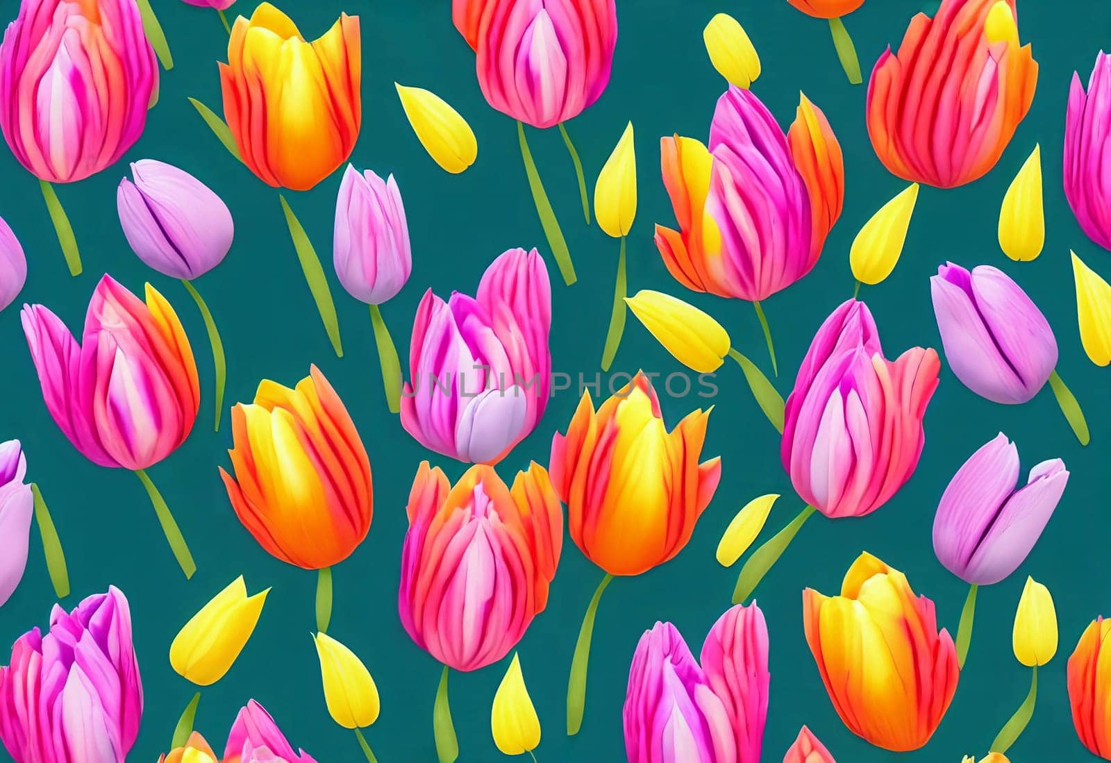 Vibrant spring-themed background featuring a variety of colorful tulips arranged in a visually appealing pattern. Panorama