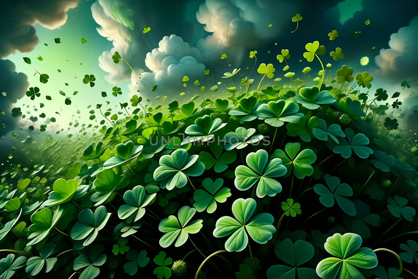 Abstract green background for St. Patrick's Day, decorated with shamrock leaves. by Rawlik