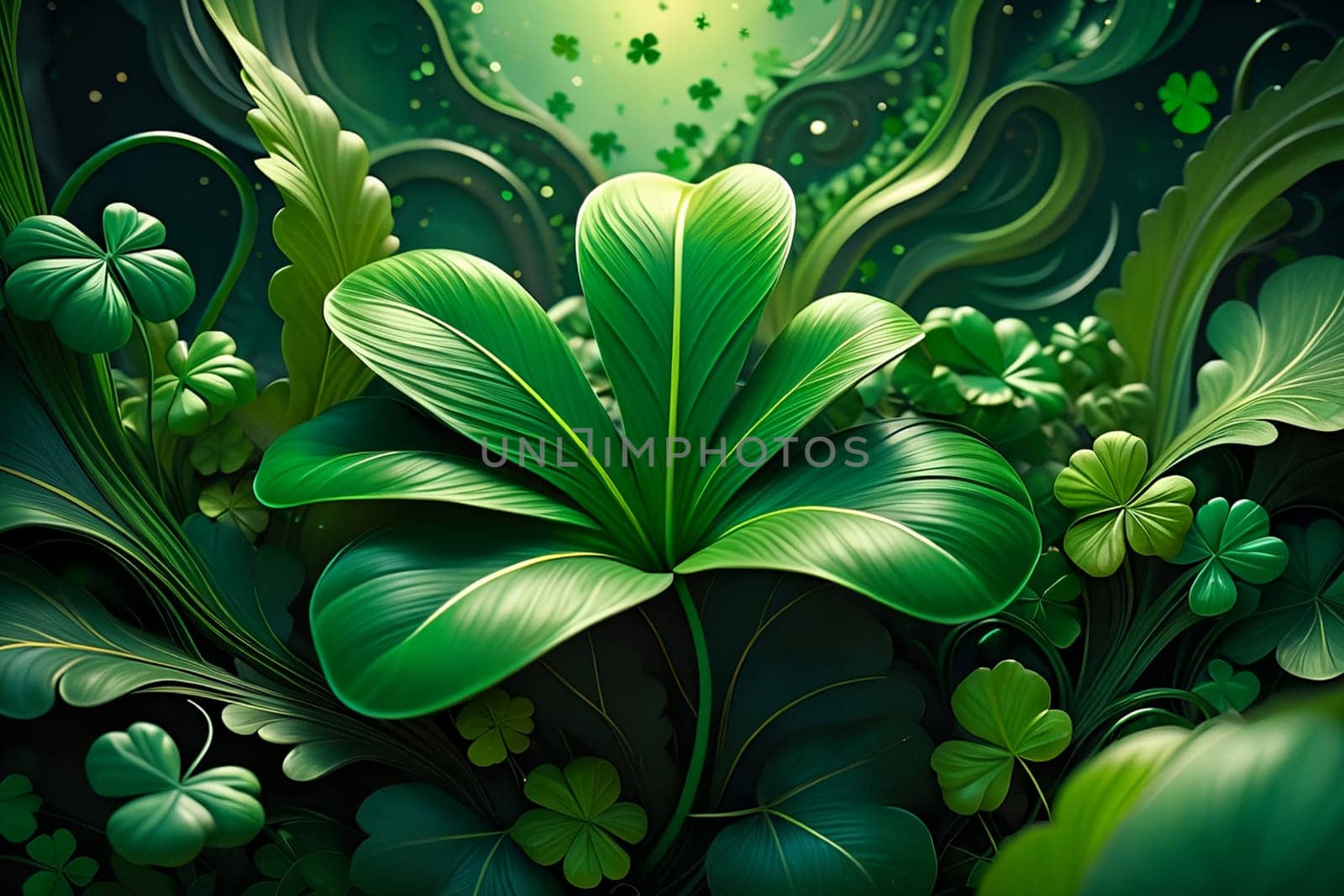 Abstract green background for St. Patrick's Day, decorated with shamrock leaves. by Rawlik