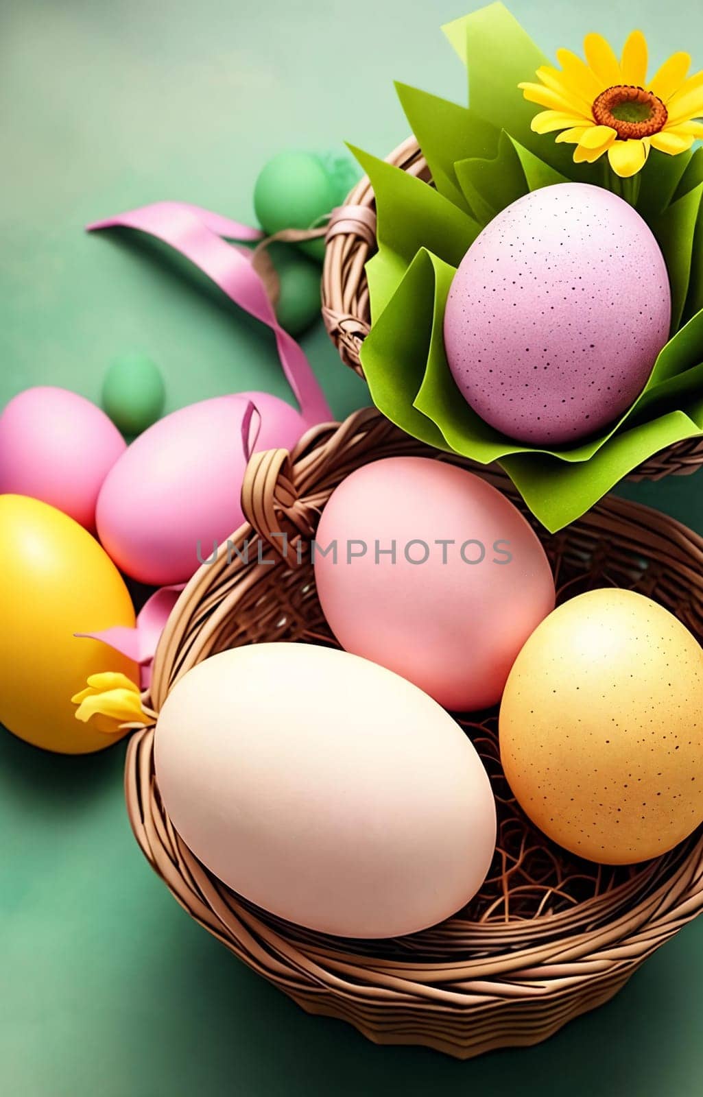 An intricate Easter card design featuring a variety of beautifully decorated eggs. Easter desing