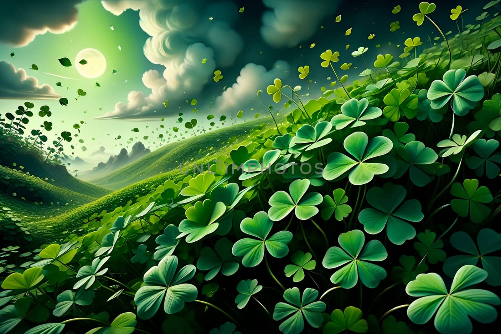 Abstract green background for St. Patrick's Day, decorated with shamrock leaves. by Rawlik