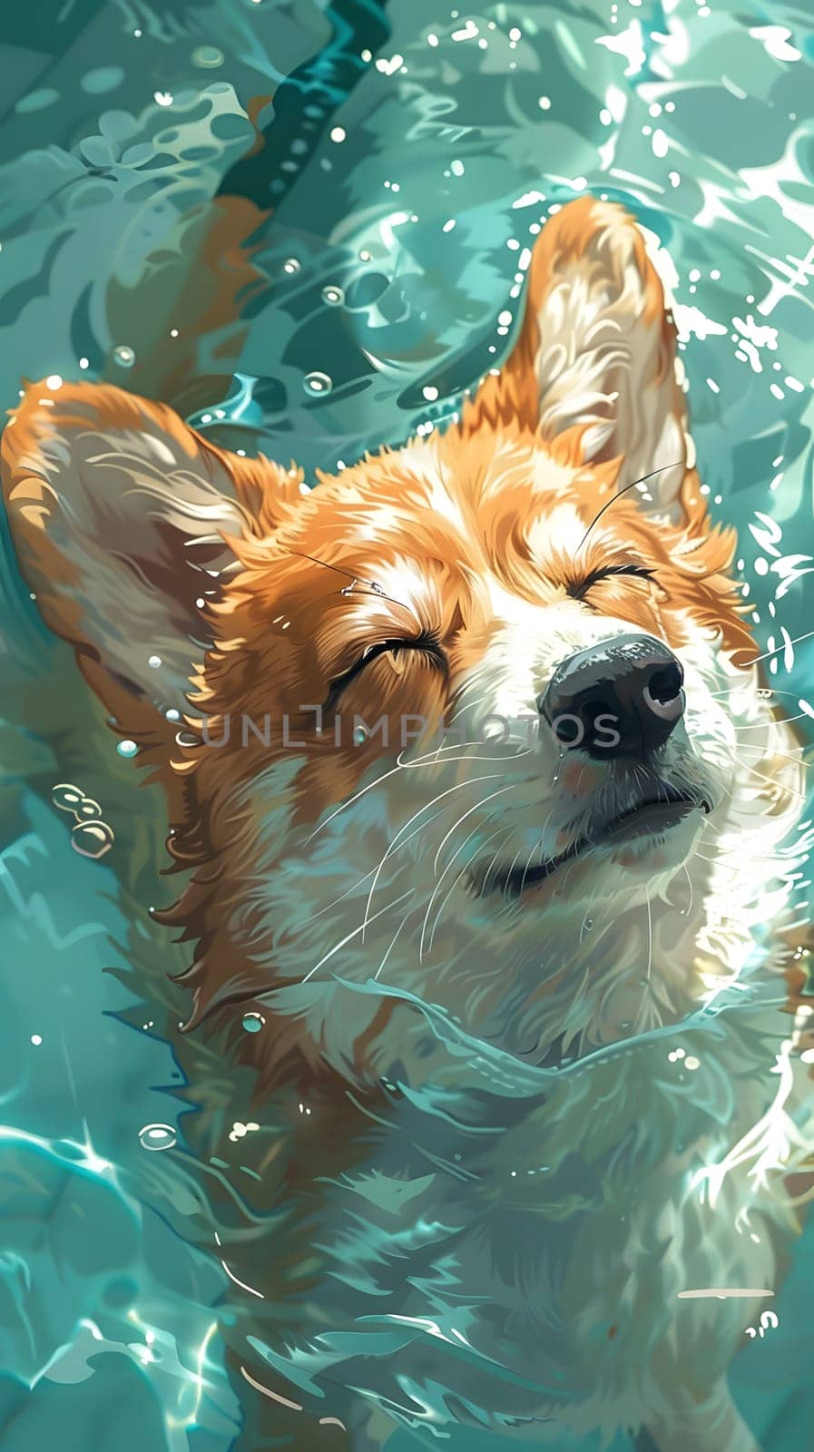 A carnivorous organism of the dog breed, the corgi, is swimming in a pool with its eyes closed. This fawn companion dog has a short snout with whiskers, enjoying the natural landscape
