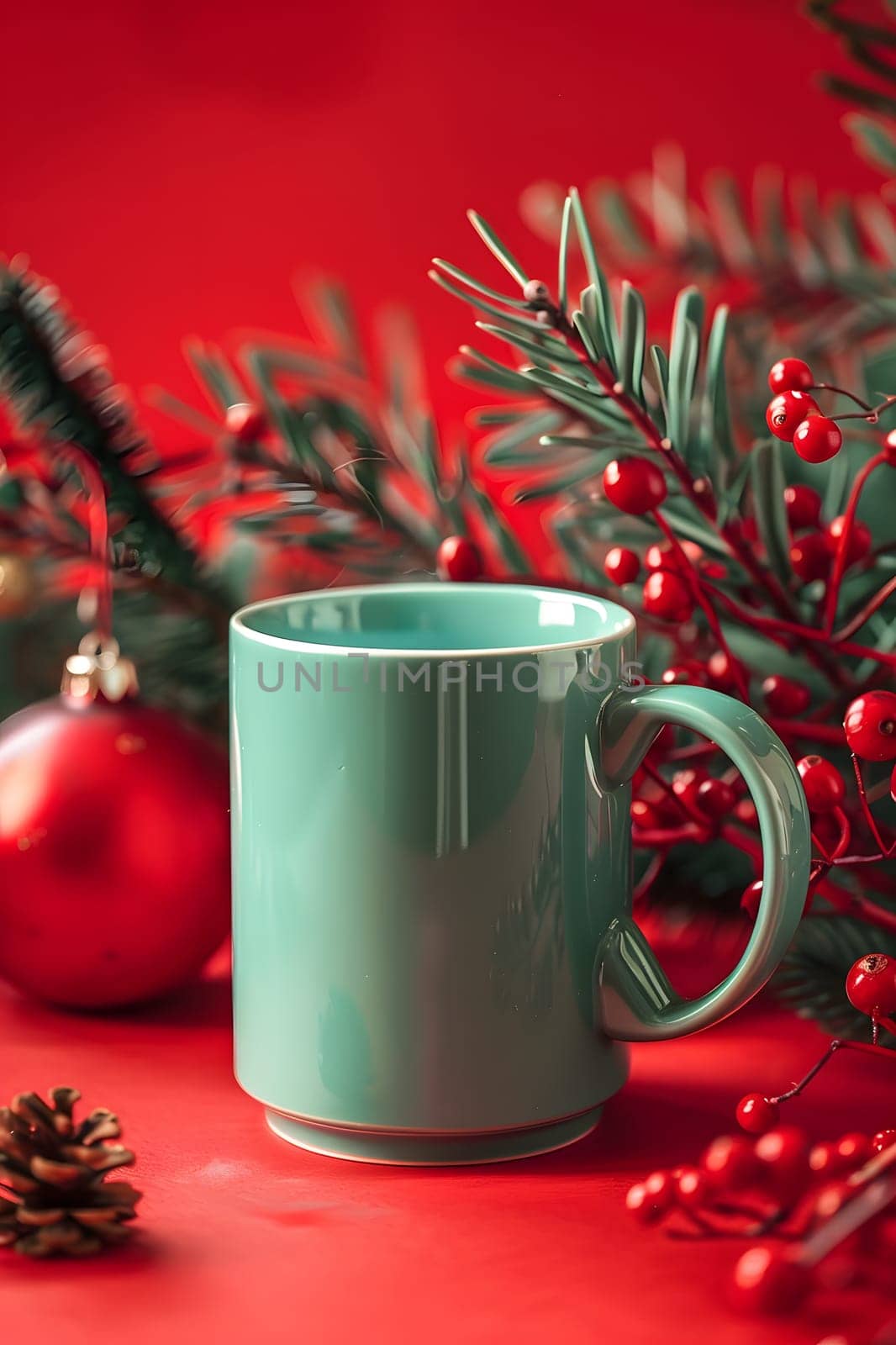 A Cup of green coffee is placed on a red Table next to Christmas decorations, including holiday ornaments and Christmas ornaments