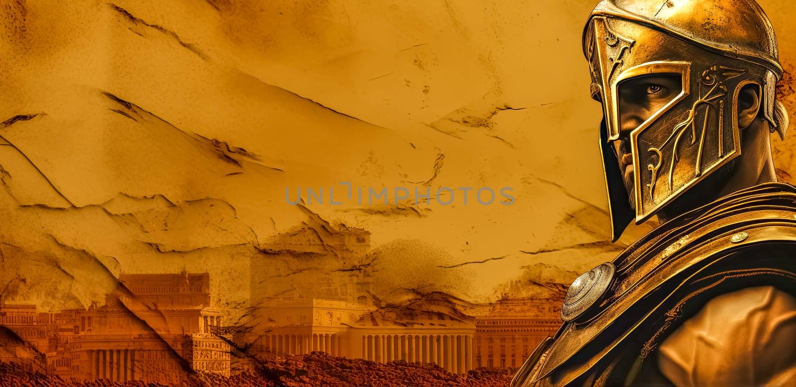 Ancient Spartan Warrior Helmet and Armor with Historical Architecture Background by Edophoto