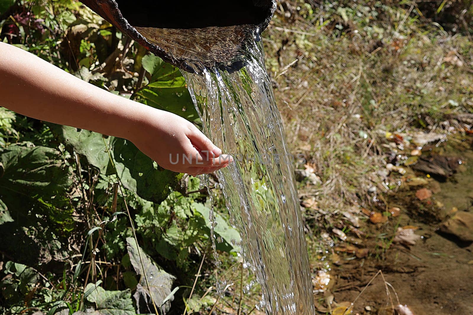 child's hand under running water. Pure running mountain water from a natural source. Water resource value concept, thirst, fresh drinking water, ecology