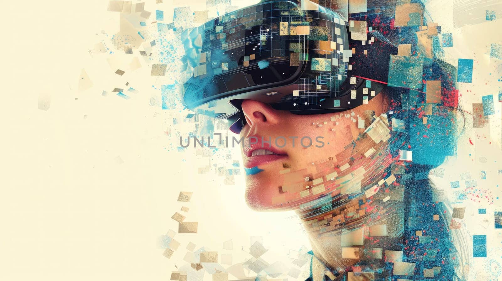 A woman wearing VR glasses depicting virtual reality technology with digital graphic as metaverse world AIGX04