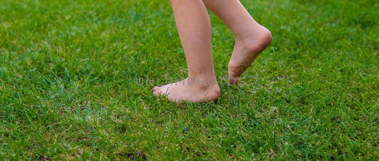 Child feet on the grass. Selective focus. by yanadjana