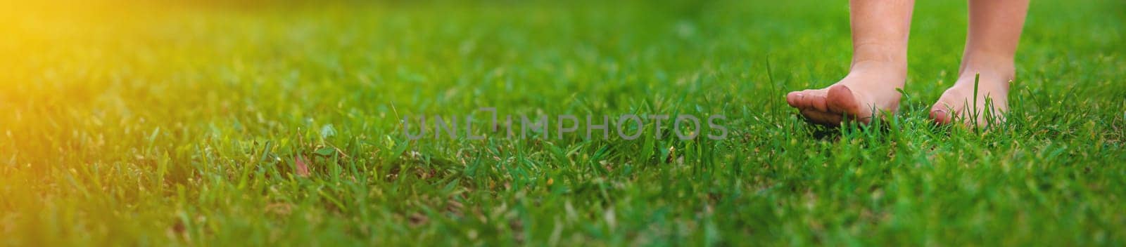 Child feet on the grass. Selective focus. by yanadjana