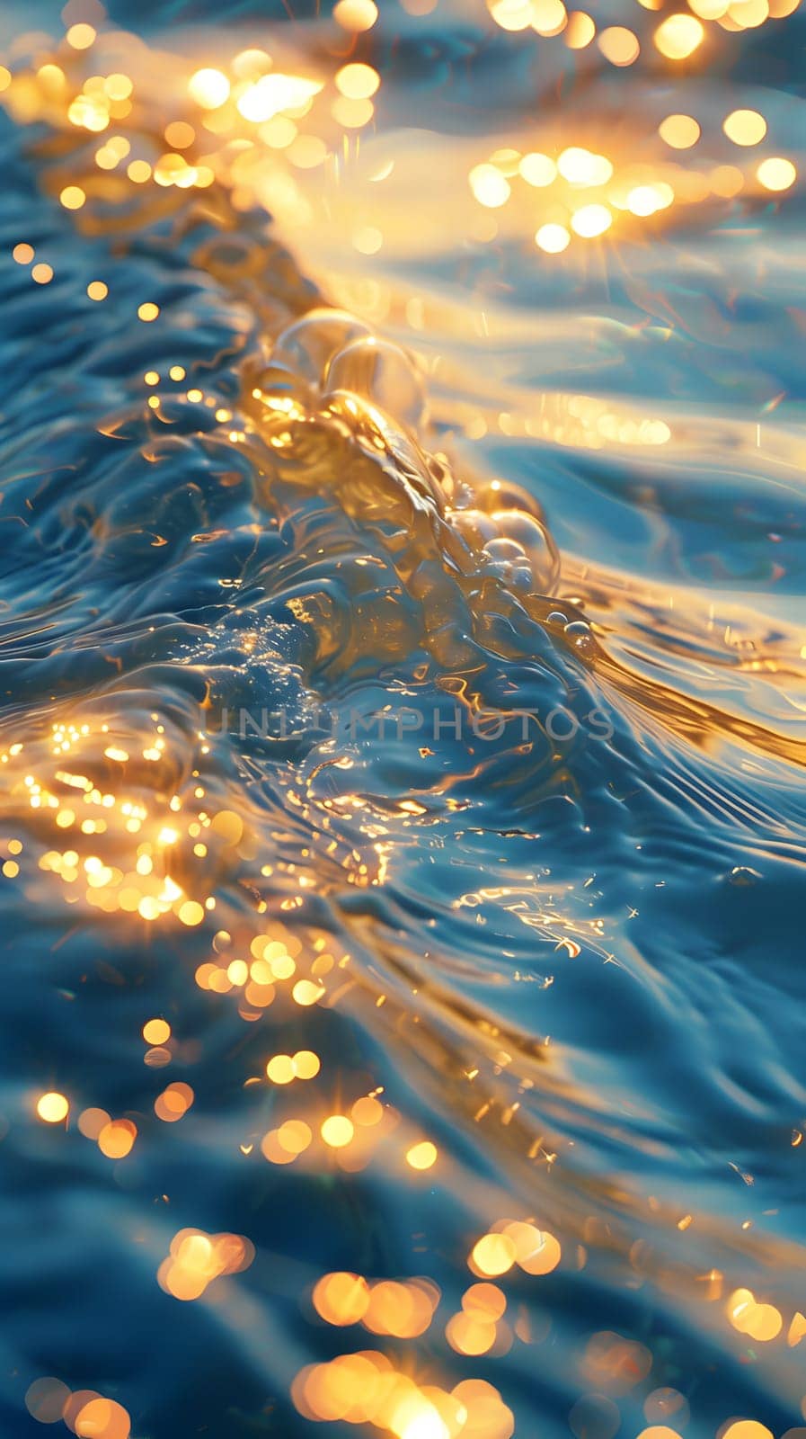 A closeup of a wind wave in the azure ocean at sunset, reflecting the sunlight on the liquid surface. The horizon blends with the sky in a mesmerizing display of fluid beauty