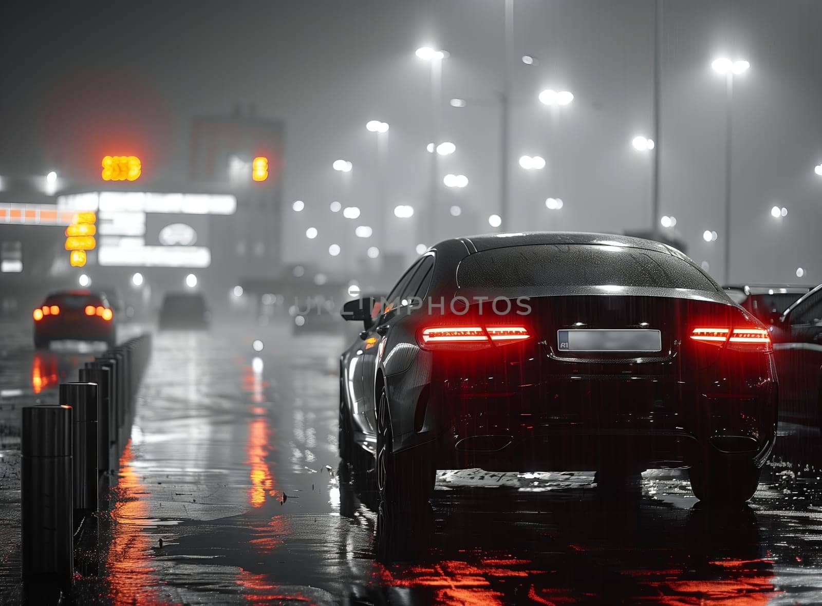 A vehicle is traveling down a slick road at night, displaying its automotive lighting and brake lights. The tires grip the wet pavement as the car moves along