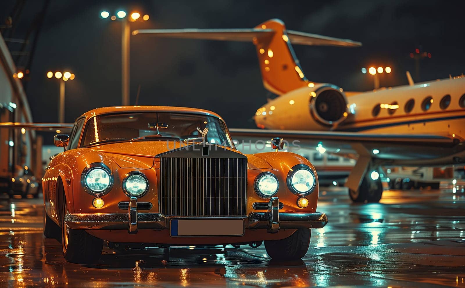 A luxurious Rolls Royce car is parked next to a sleek private jet under the street light. The vehicle registration plate gleams in the automotive lighting