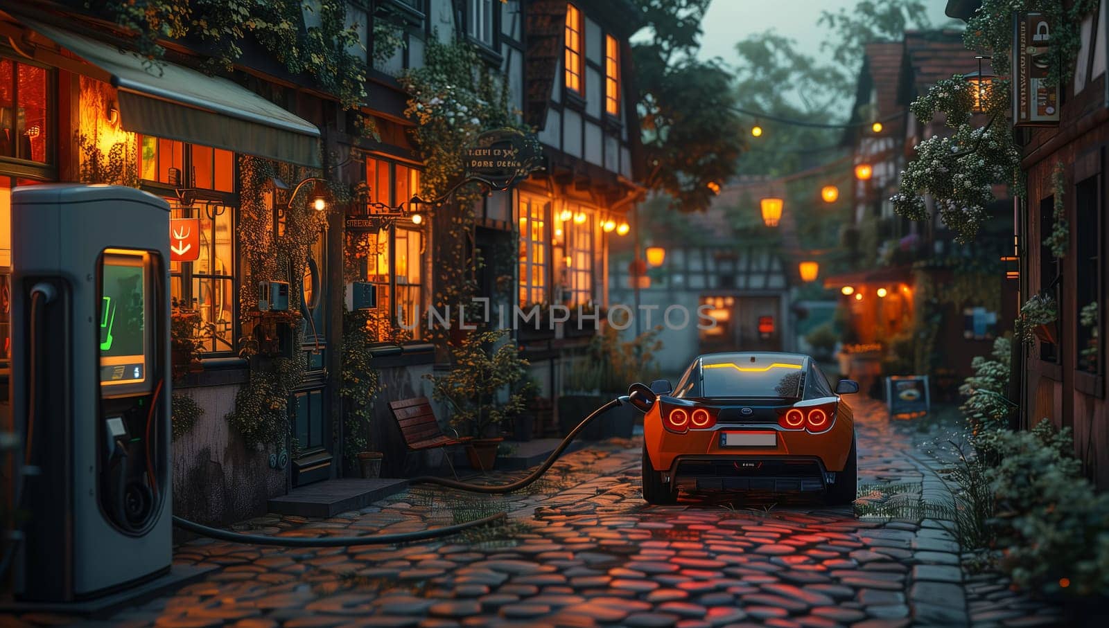 A vehicle is getting charged at a charging station on a cobblestone street in the city, with automotive lighting illuminating the scene