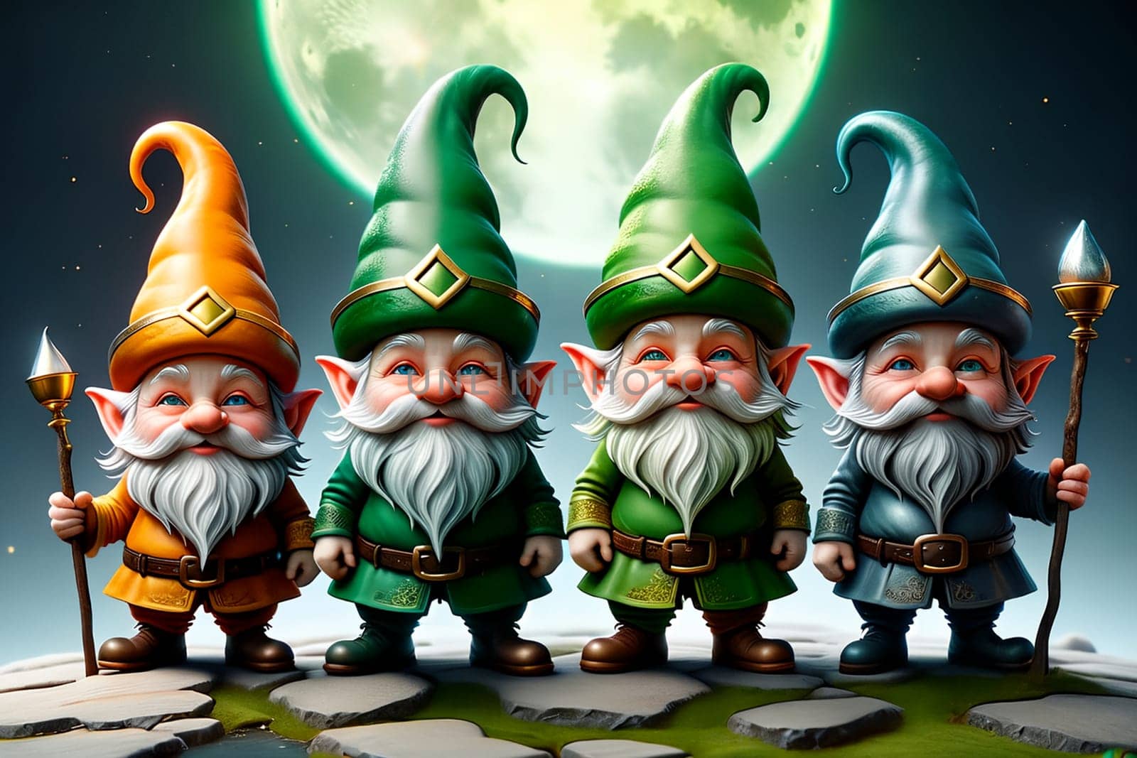 St. Patrick postcard, gnomes dressed for the holiday. AI generated image.