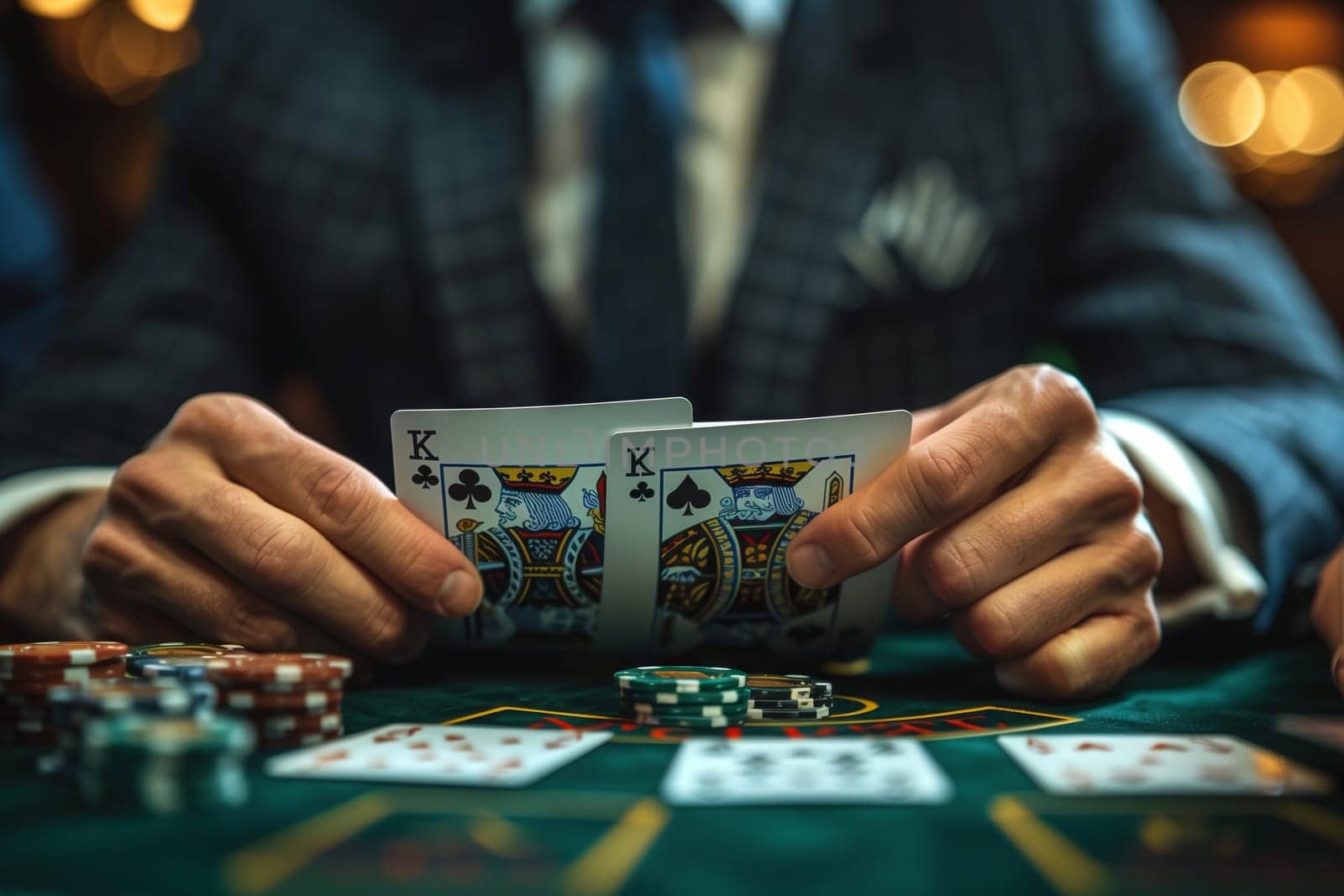 A man in a suit and tie sits at a Poker table, handling the Poker set with his fingers. The Baize surface of the table adds to the casino atmosphere in the building