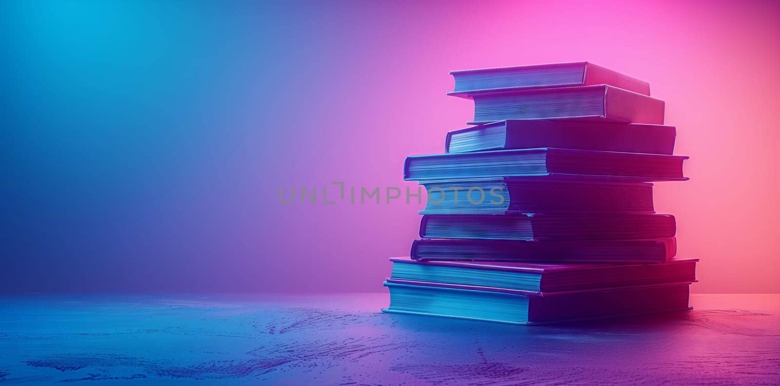 A stack of books in shades of violet and electric blue on a table by richwolf