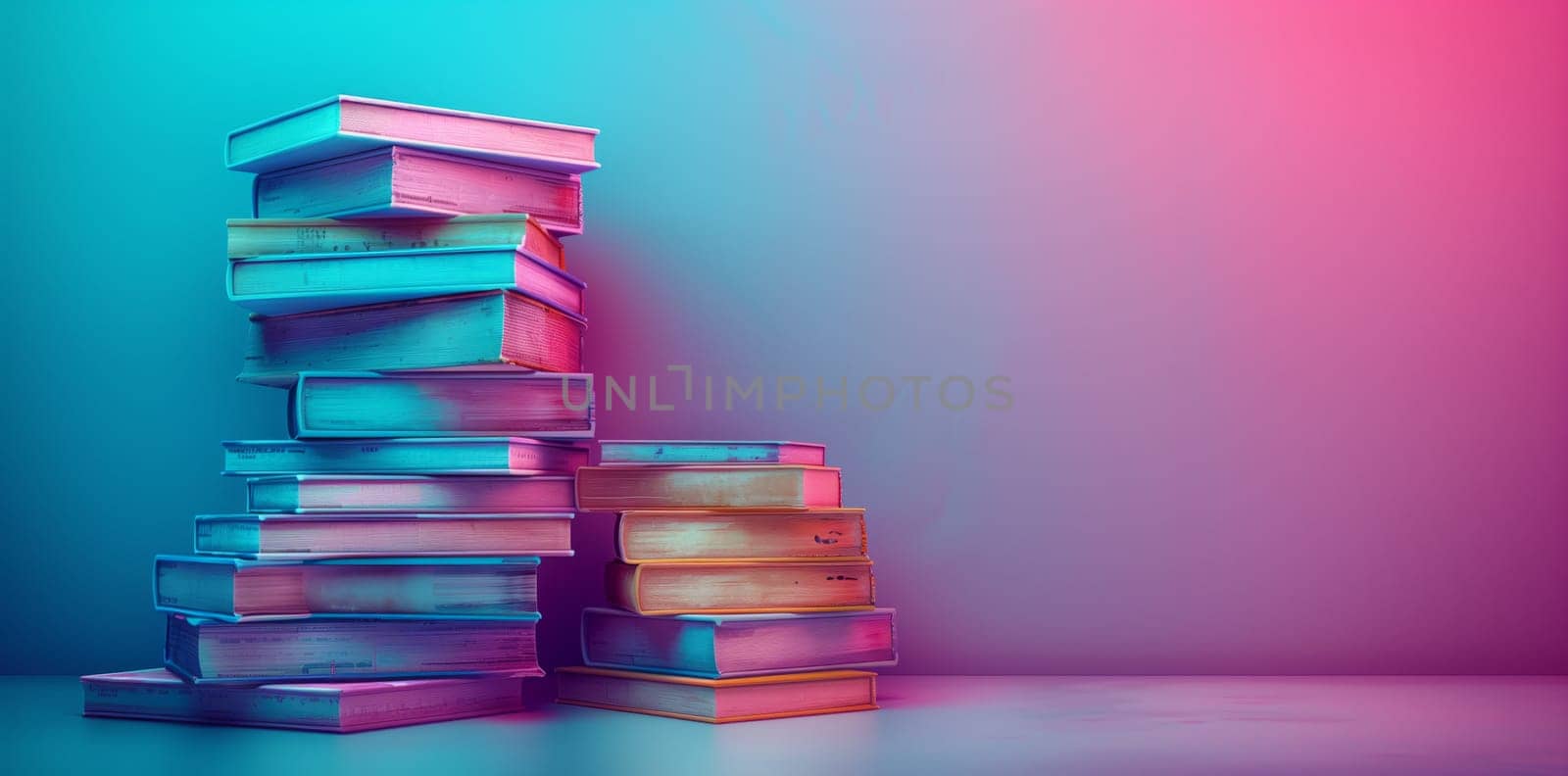 A stack of books in shades of purple, pink, and violet resembling a skyscraper. The electric blue font adds an artistic touch to the rectangular arrangement